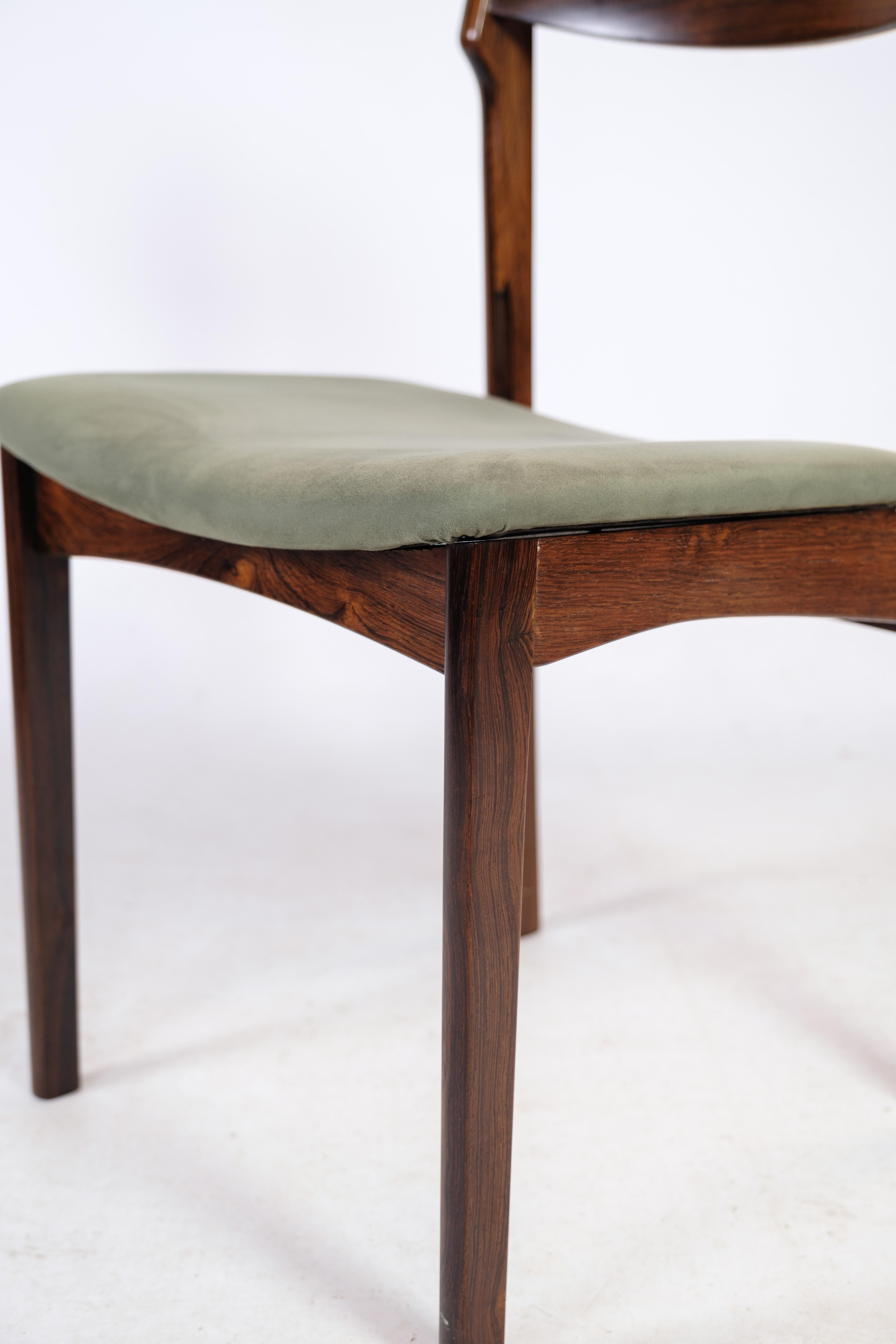 Set di 6 sedie da pranzo in legno di palissandro e tessuto verde degli anni '60 In condizioni buone in vendita a Lejre, DK