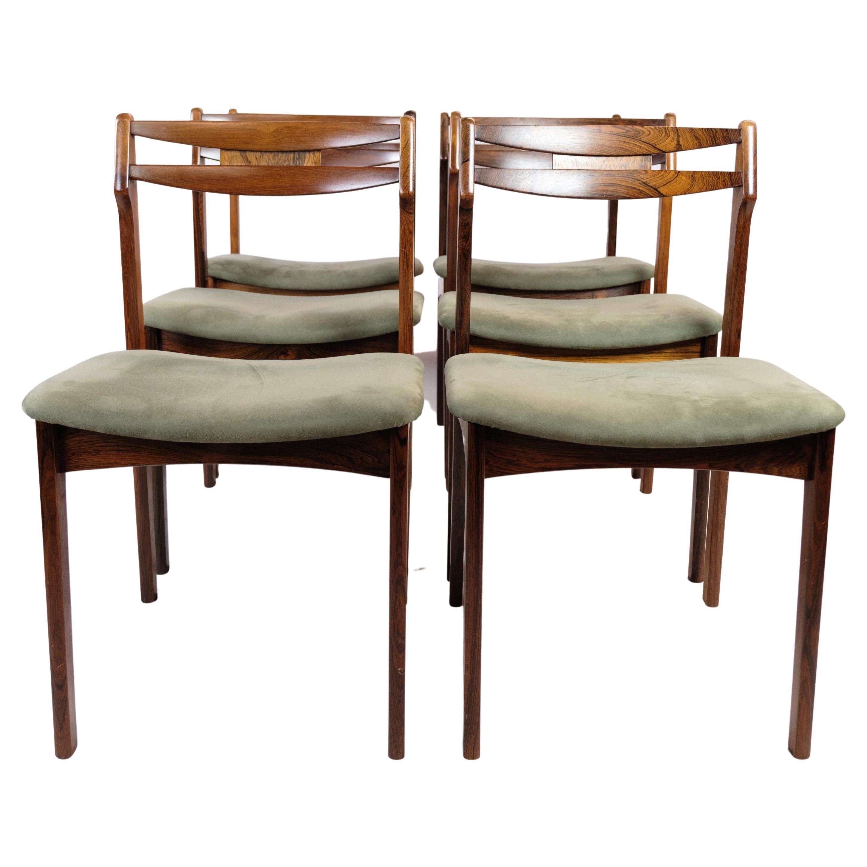 Set of 6 Rosewood Green Fabric Dining Chairs From The 1960 For Sale