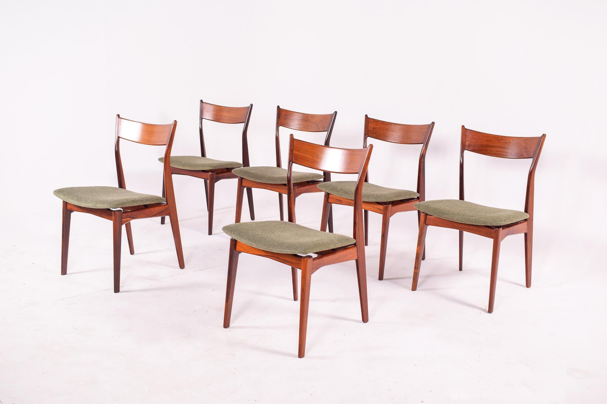 Scandinavian Modern Set of 6 Rosewood H. P. Hansen Dining Chairs for Randers