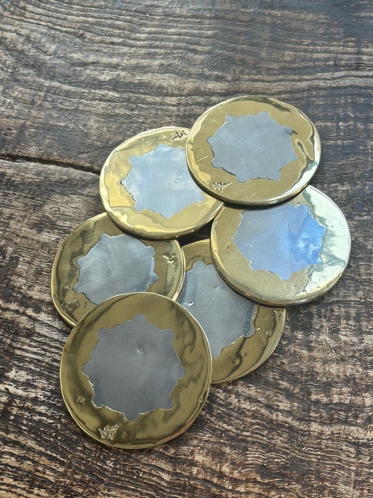 Spanish set of 6 round drink mats C030 handmade in cast brass & aluminium For Sale