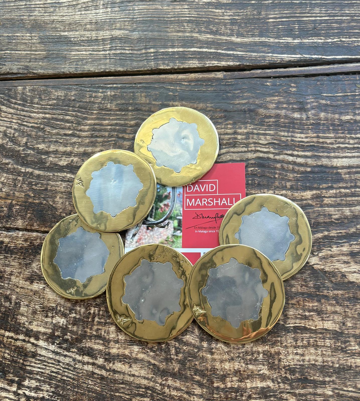Cast set of 6 round drink mats C030 handmade in cast brass & aluminium For Sale