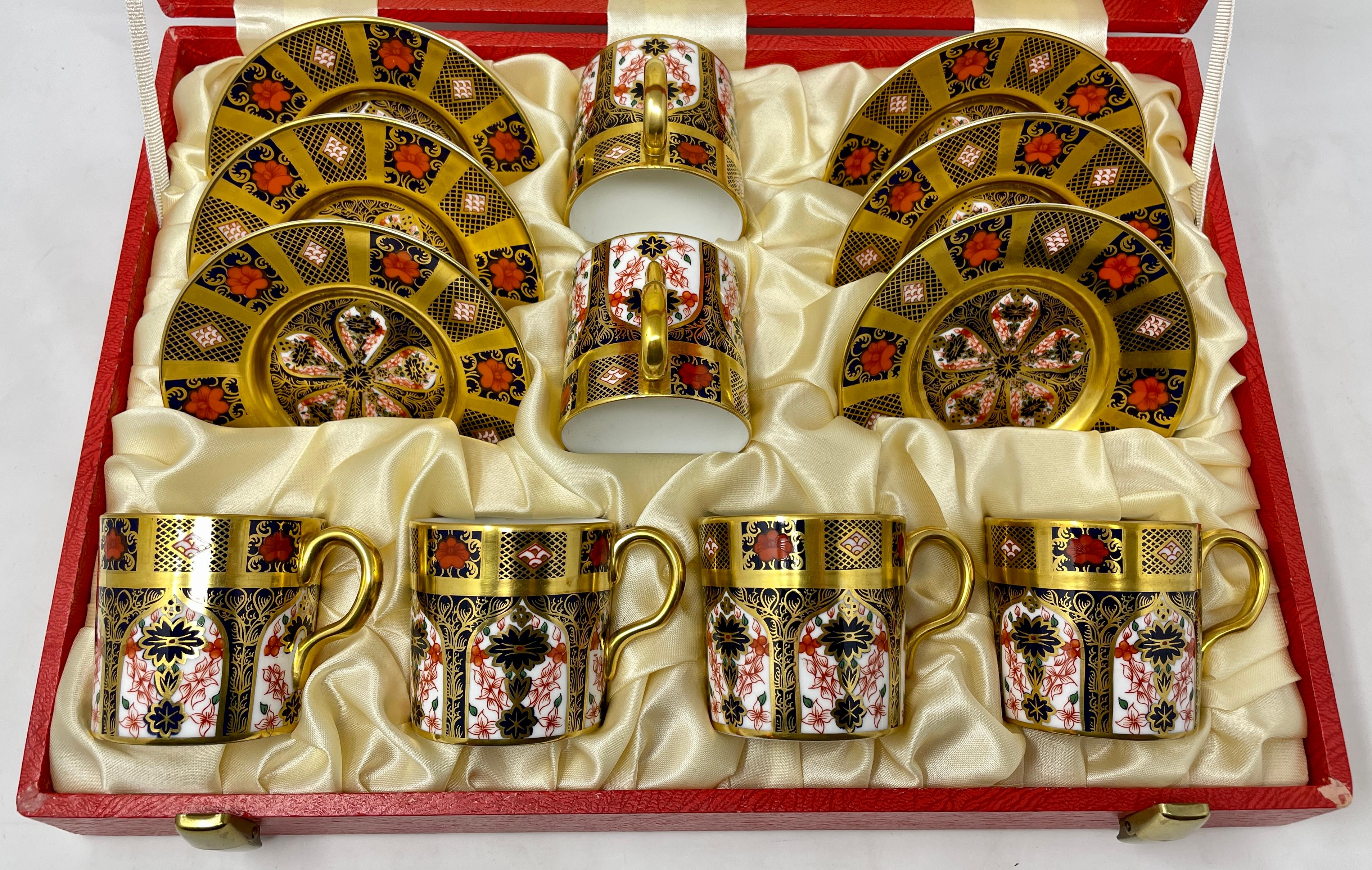 Set of 6 Estate English Royal Crown Derby Porcelain Demitasse Cups and Saucers. 
Cups: height - 2.5 inches, diameter - 2.5 inches
Saucers: height- 1 inch, diameter - 4.5 inches 