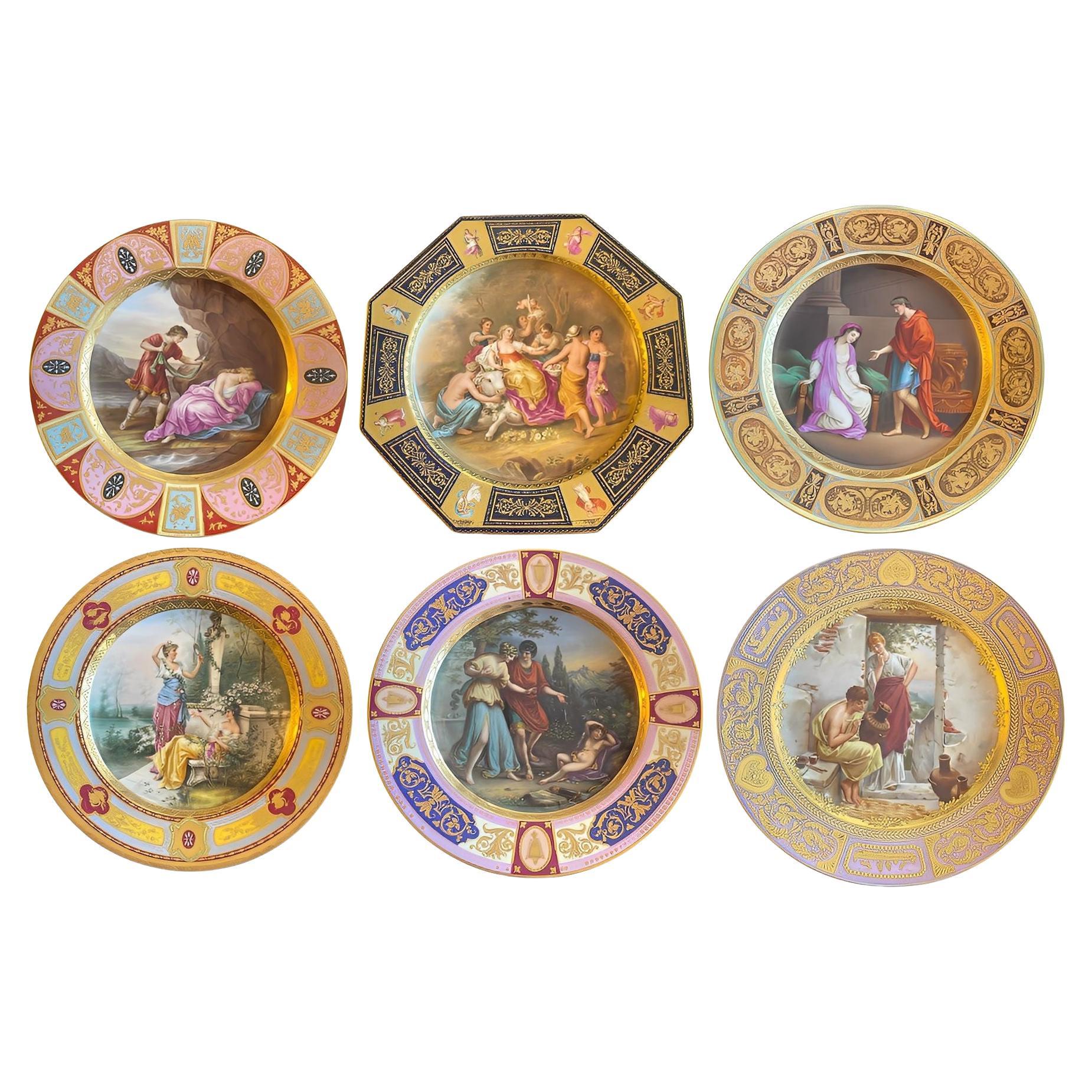 Set of 6 Royal Vienna Porcelain Plates w/ Hand-Painted Scenes. Late 19th Century For Sale