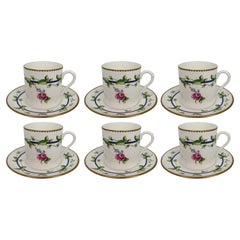 Vintage Set of 6 Royal Worcester Demitasse Coffee Cans & Saucers, Floral Garland Pattern