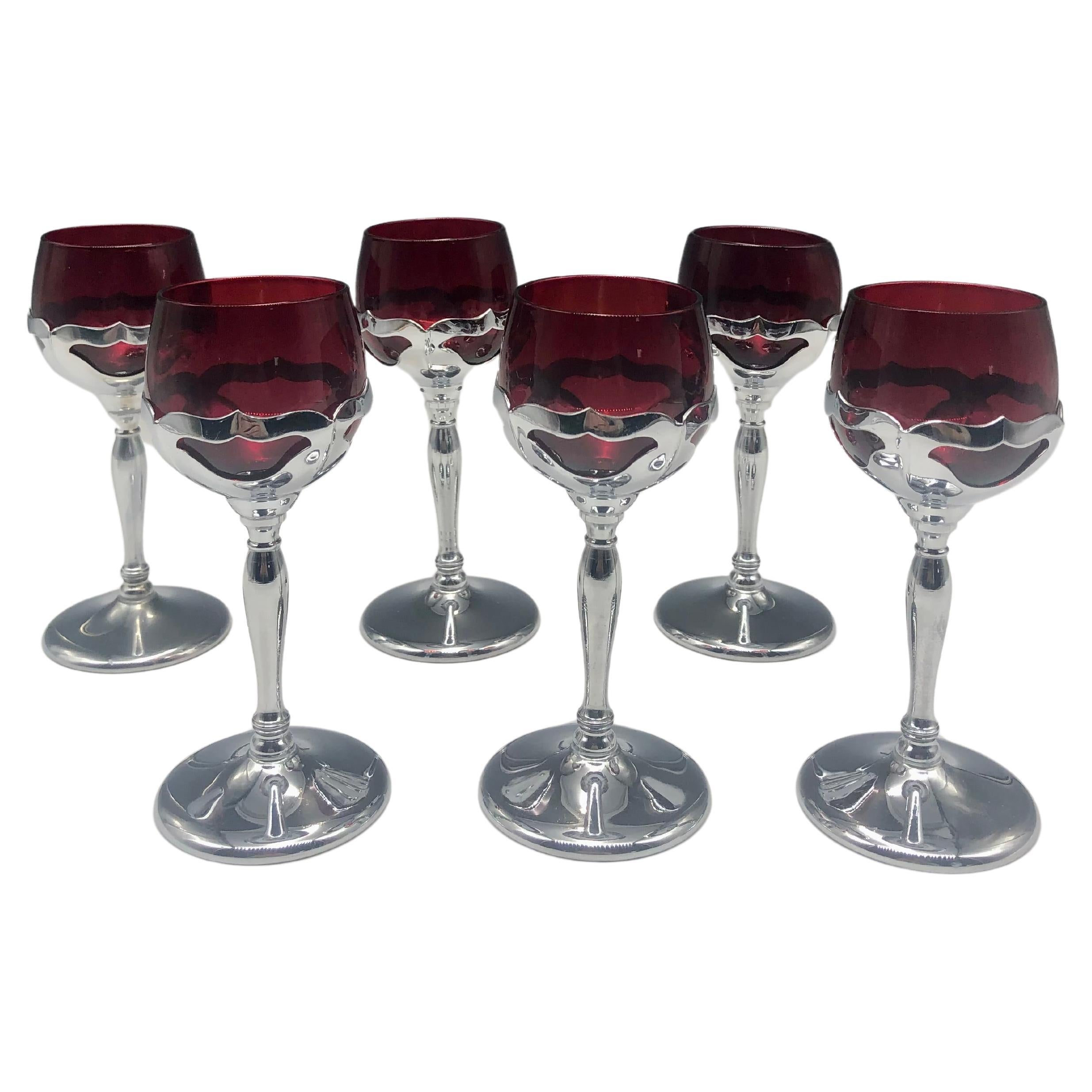 Set of 6 Ruby Red Farber Bros Krome Kraft 6"  Stem / Cordial Glasses For Sale