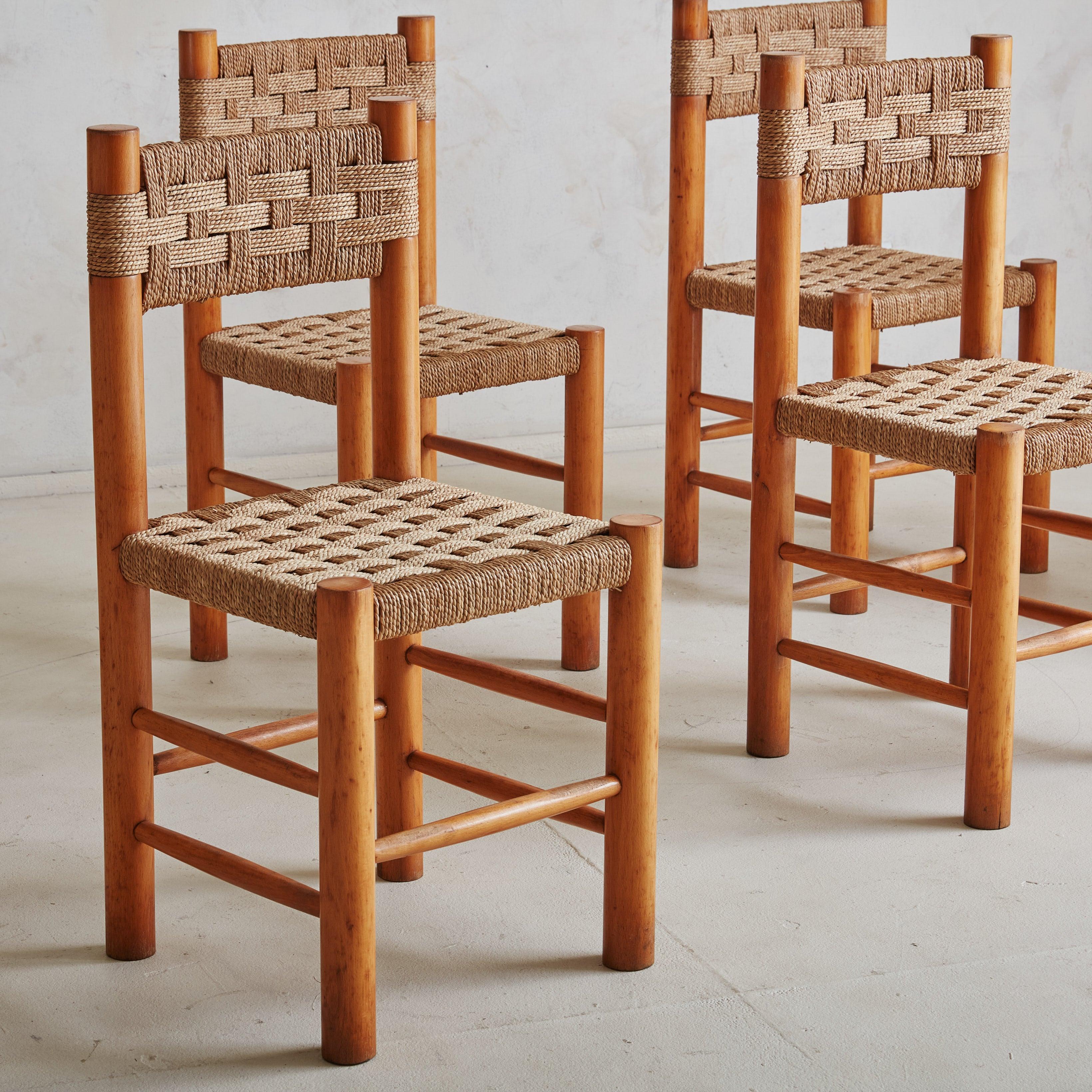 Mid-Century Modern Set of 6 Rush + Beech Wood Dining Chairs in the Style of Charlotte Perriand