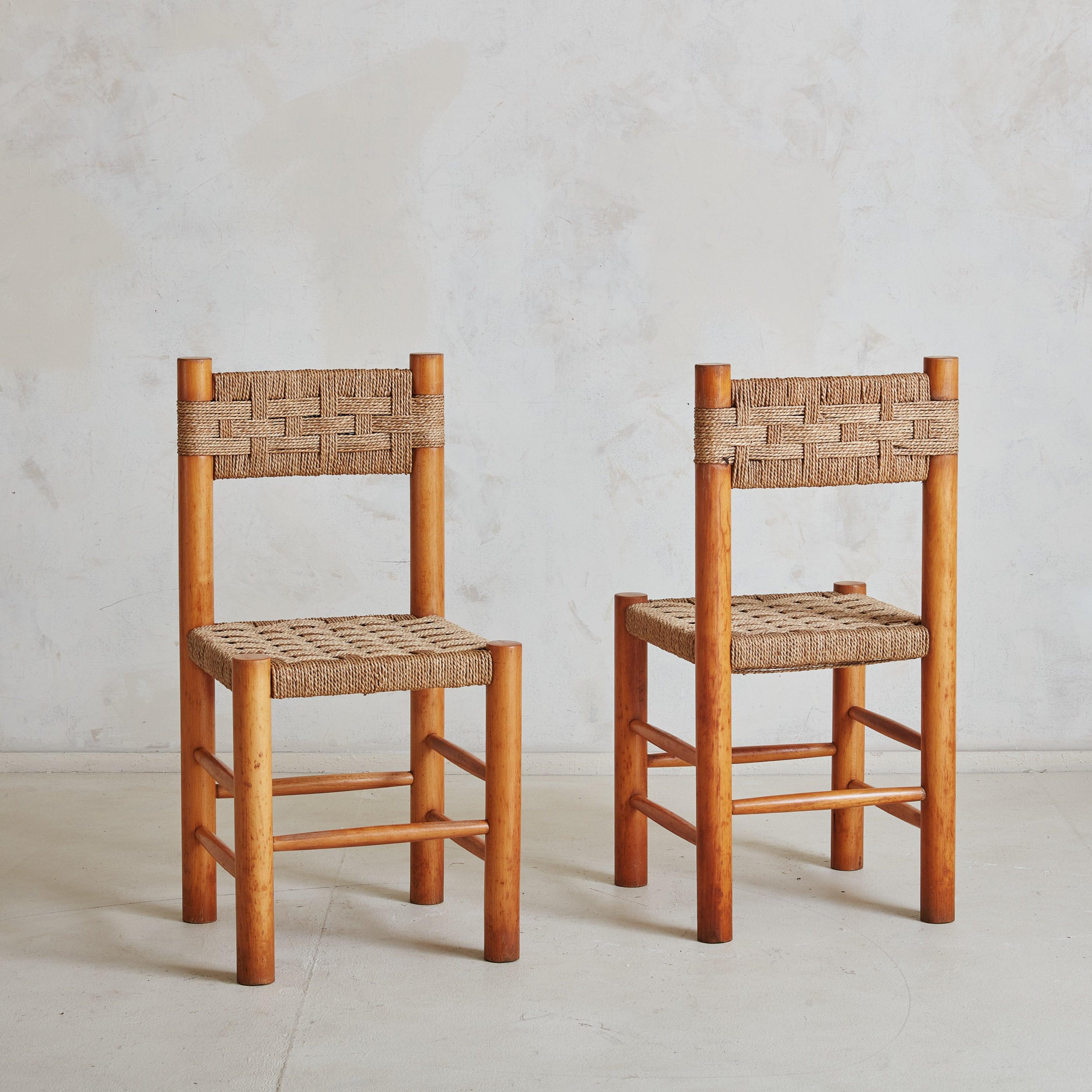 French Set of 6 Rush + Beech Wood Dining Chairs in the Style of Charlotte Perriand