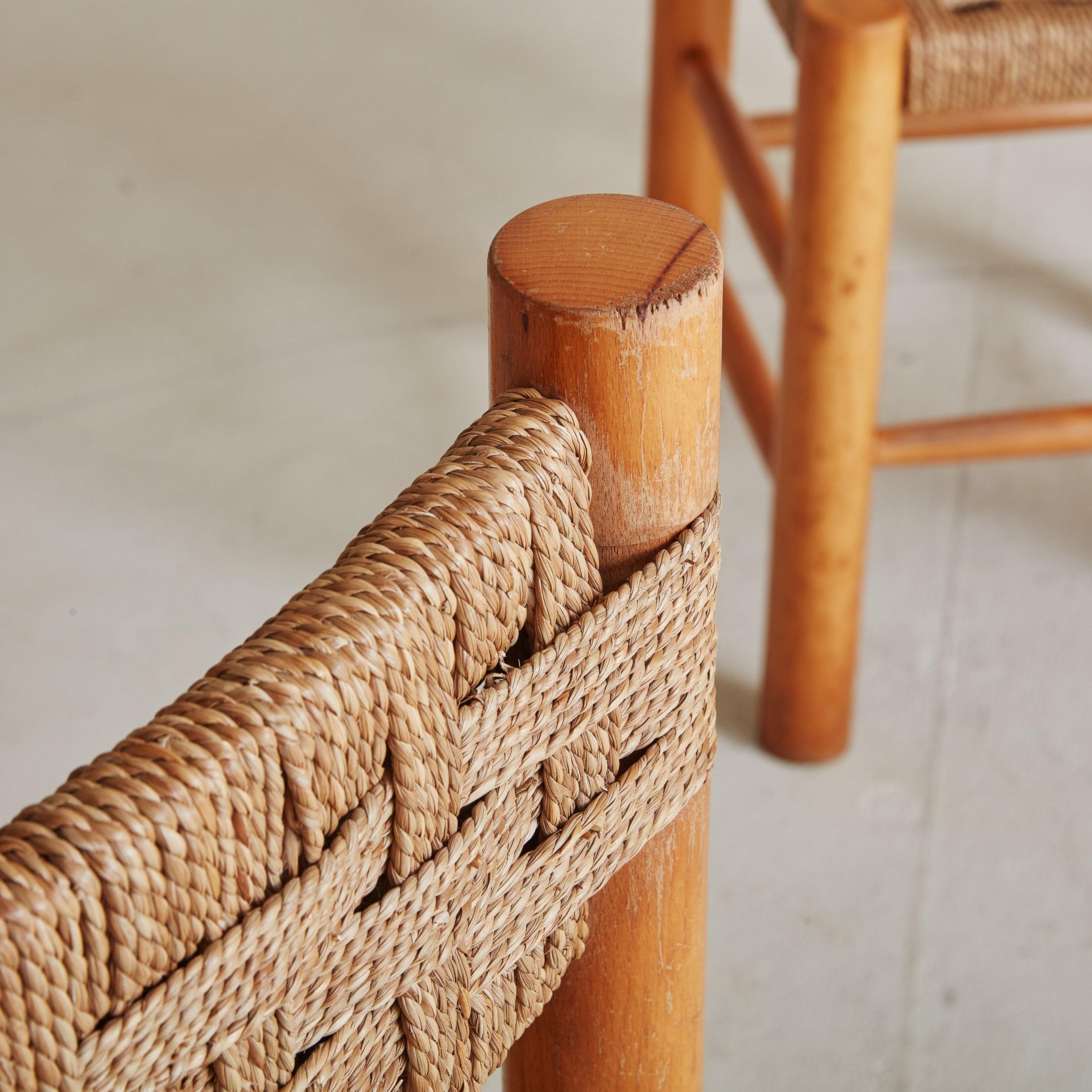 Mid-20th Century Set of 6 Rush + Beech Wood Dining Chairs in the Style of Charlotte Perriand
