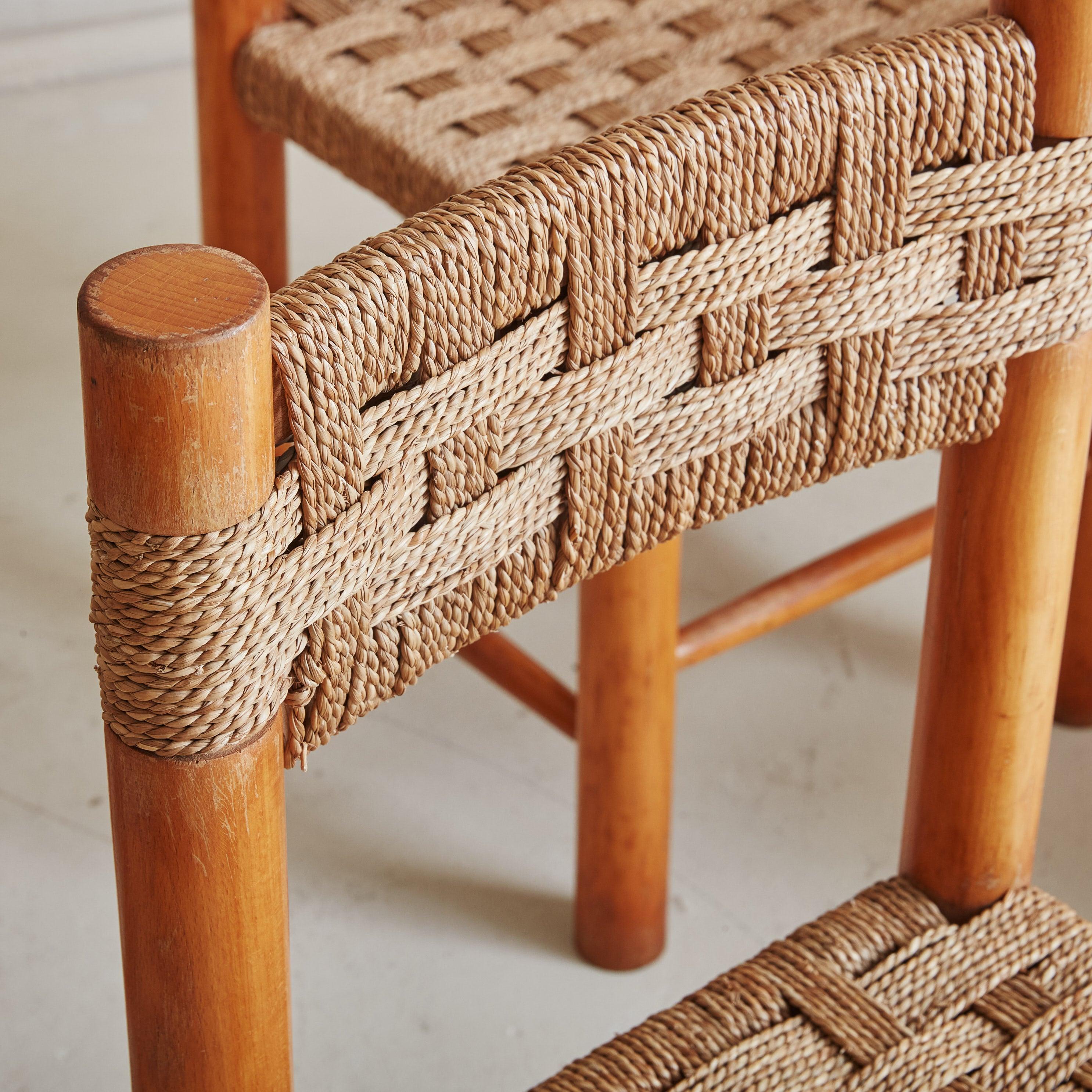 Set of 6 Rush + Beech Wood Dining Chairs in the Style of Charlotte Perriand 1
