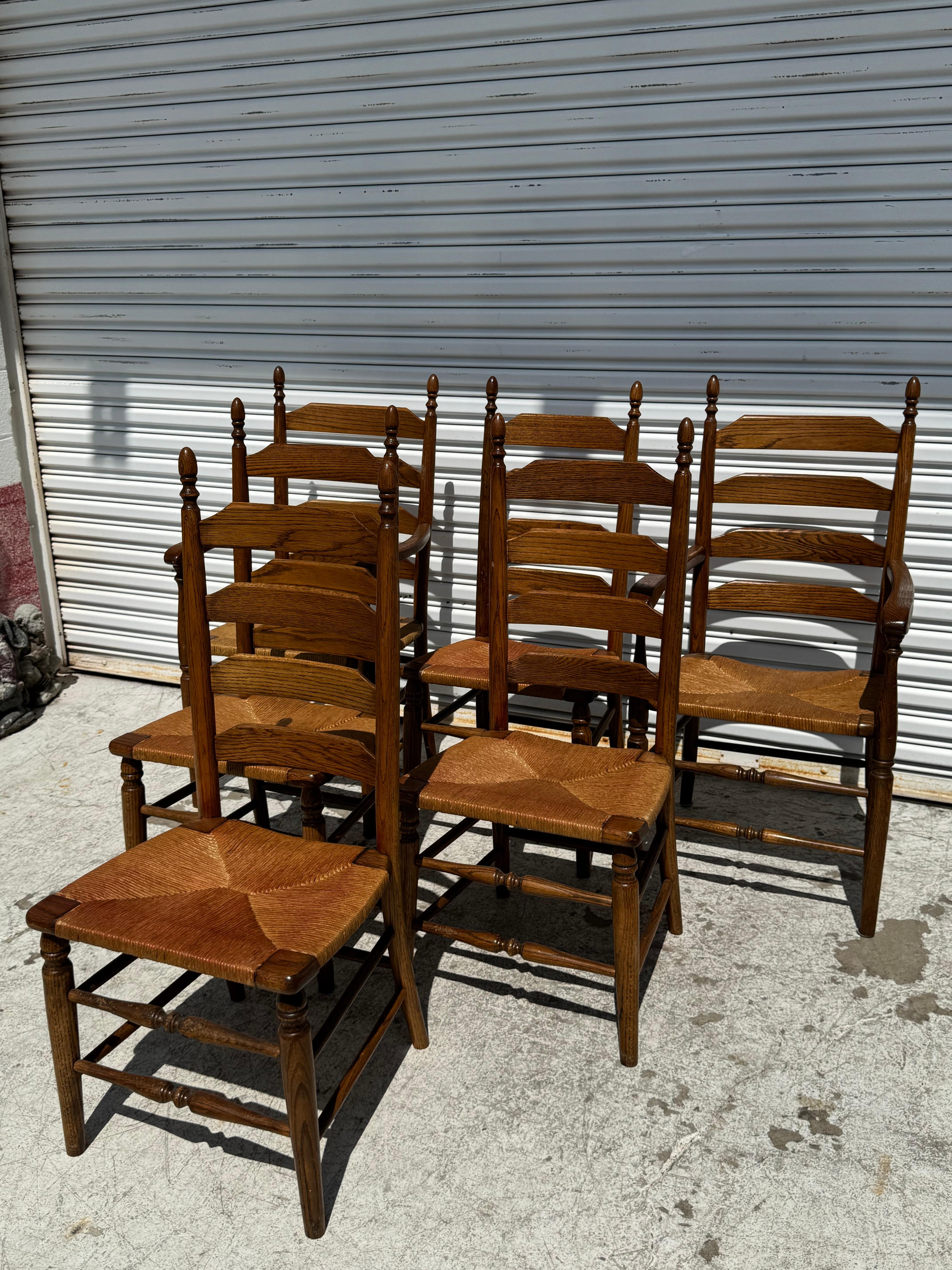 American Classical Set of 6 Rush Seat Walnut Ladderback Dining Chairs For Sale