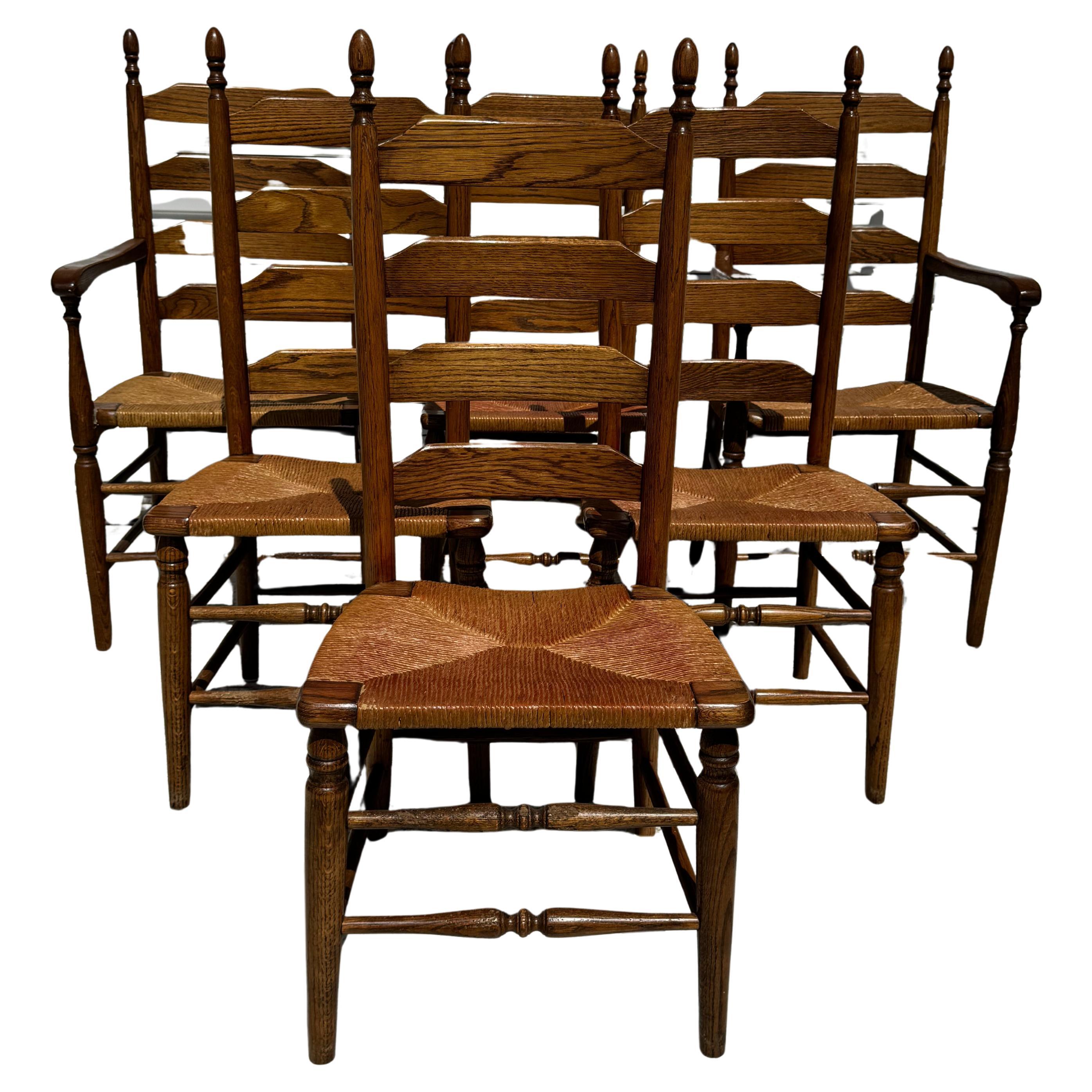 Set of 6 Rush Seat Walnut Ladderback Dining Chairs For Sale
