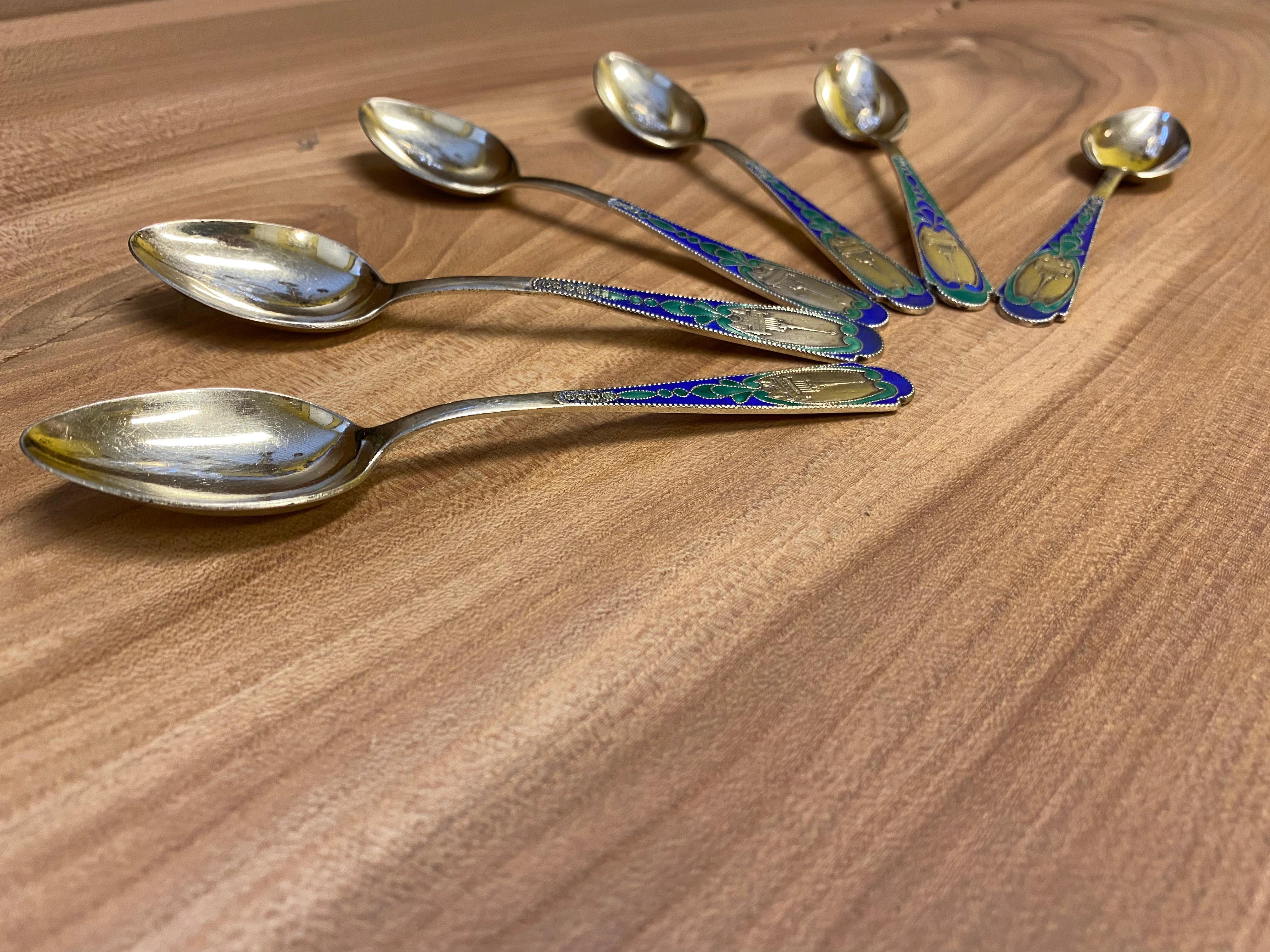 Set of 6 Russian Enamel Spoons Fine and Rare Soviet Silver Spoons For Sale 4