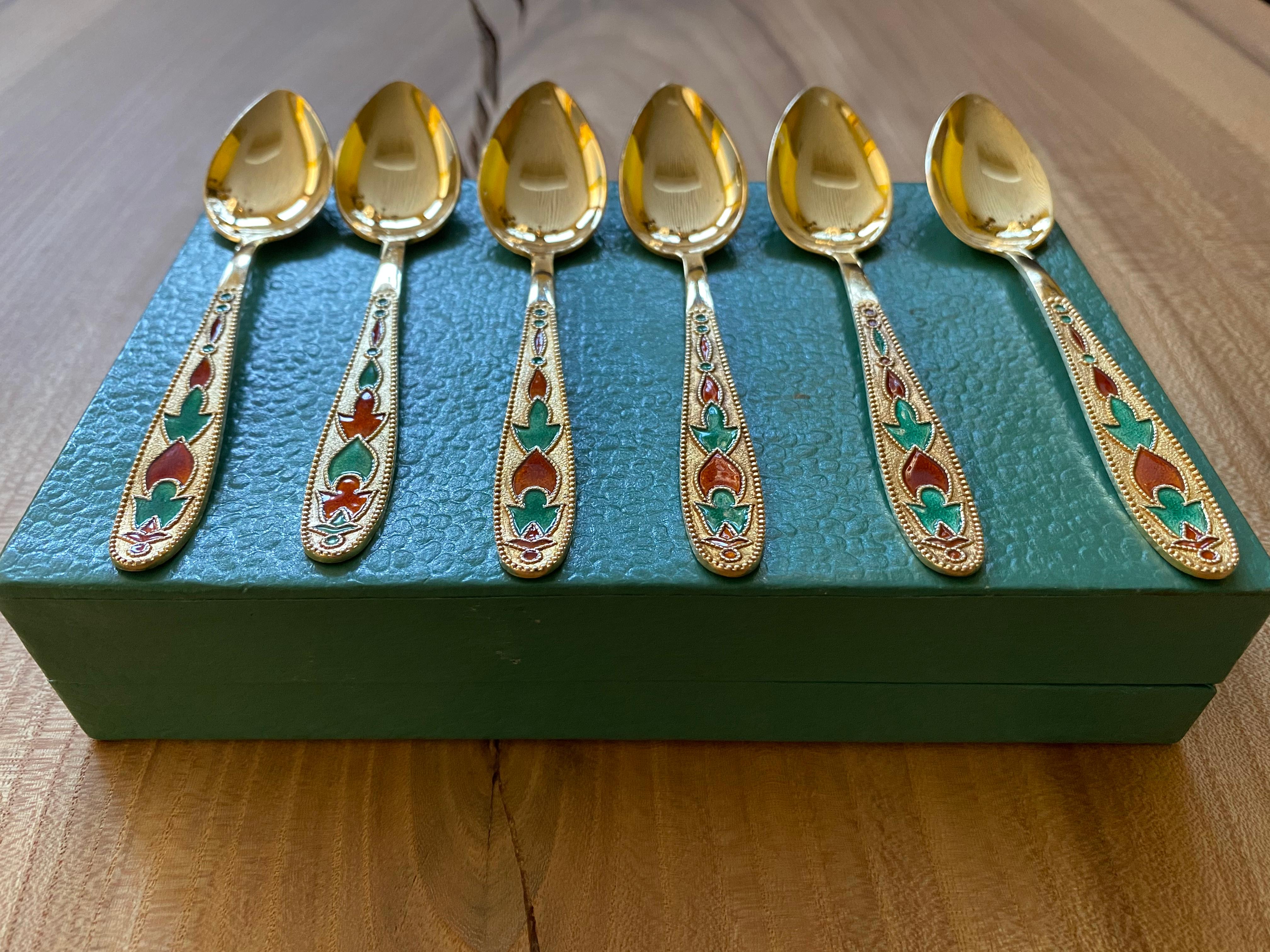 Set of 6 Russian Enamel Spoons Fine and Rare Soviet Silver Spoons For Sale 5