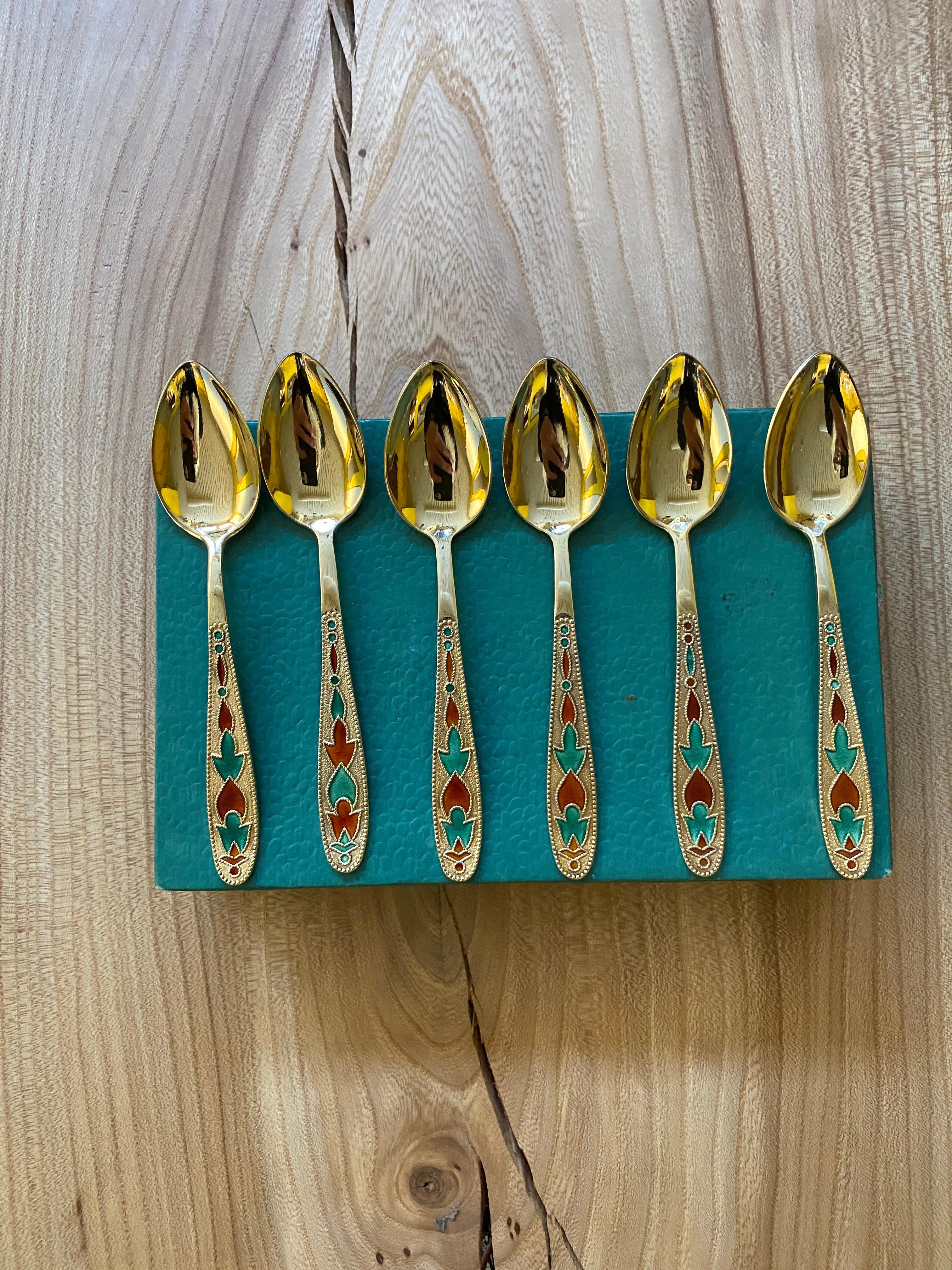 Set of 6 Russian Enamel Spoons Fine and Rare Soviet Silver Spoons For Sale 6