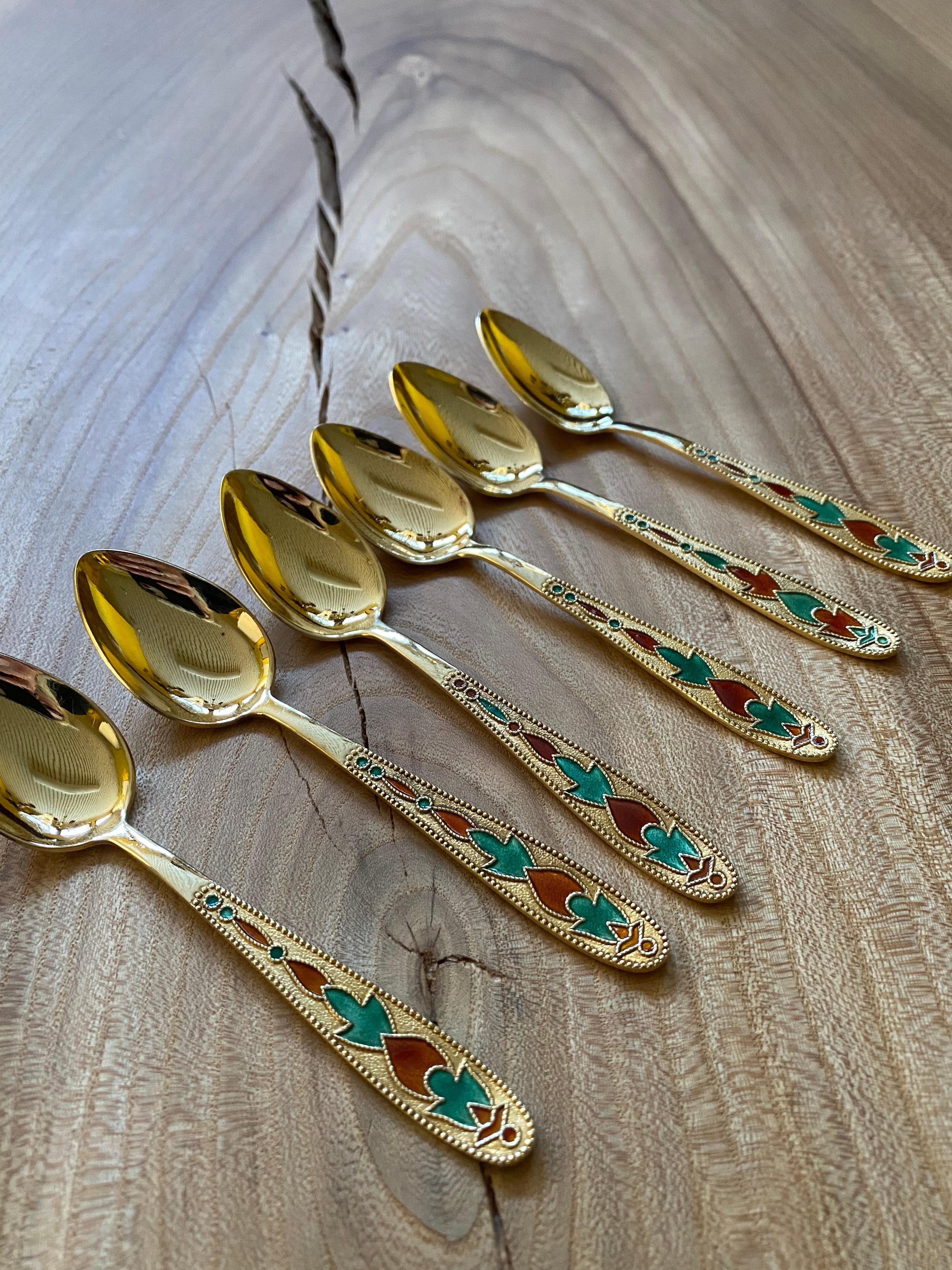 Modernist Set of 6 Russian Enamel Spoons Fine and Rare Soviet Silver Spoons For Sale