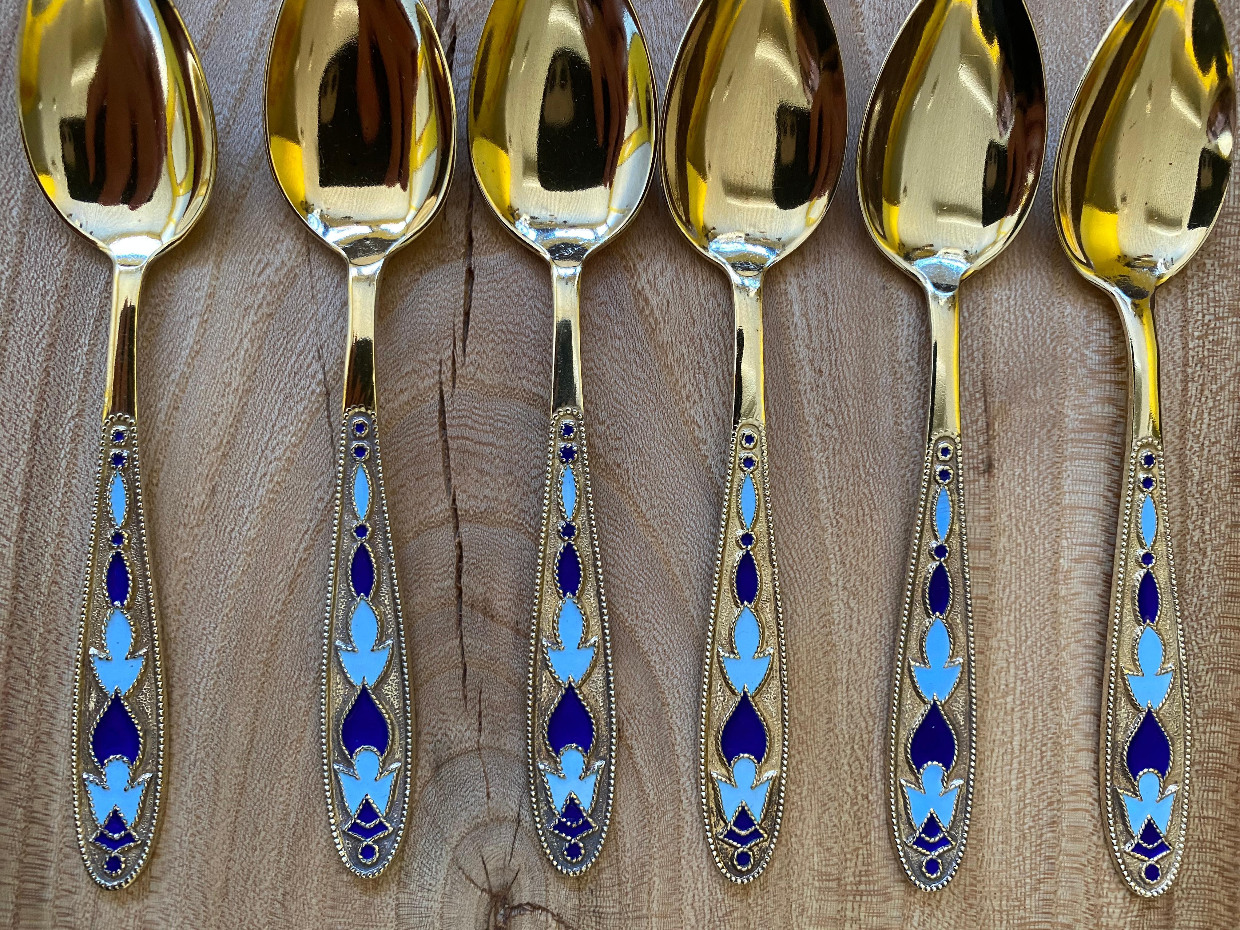 Modernist Set of 6 Russian Enamel Spoons Fine and Rare Soviet Silver Spoons For Sale