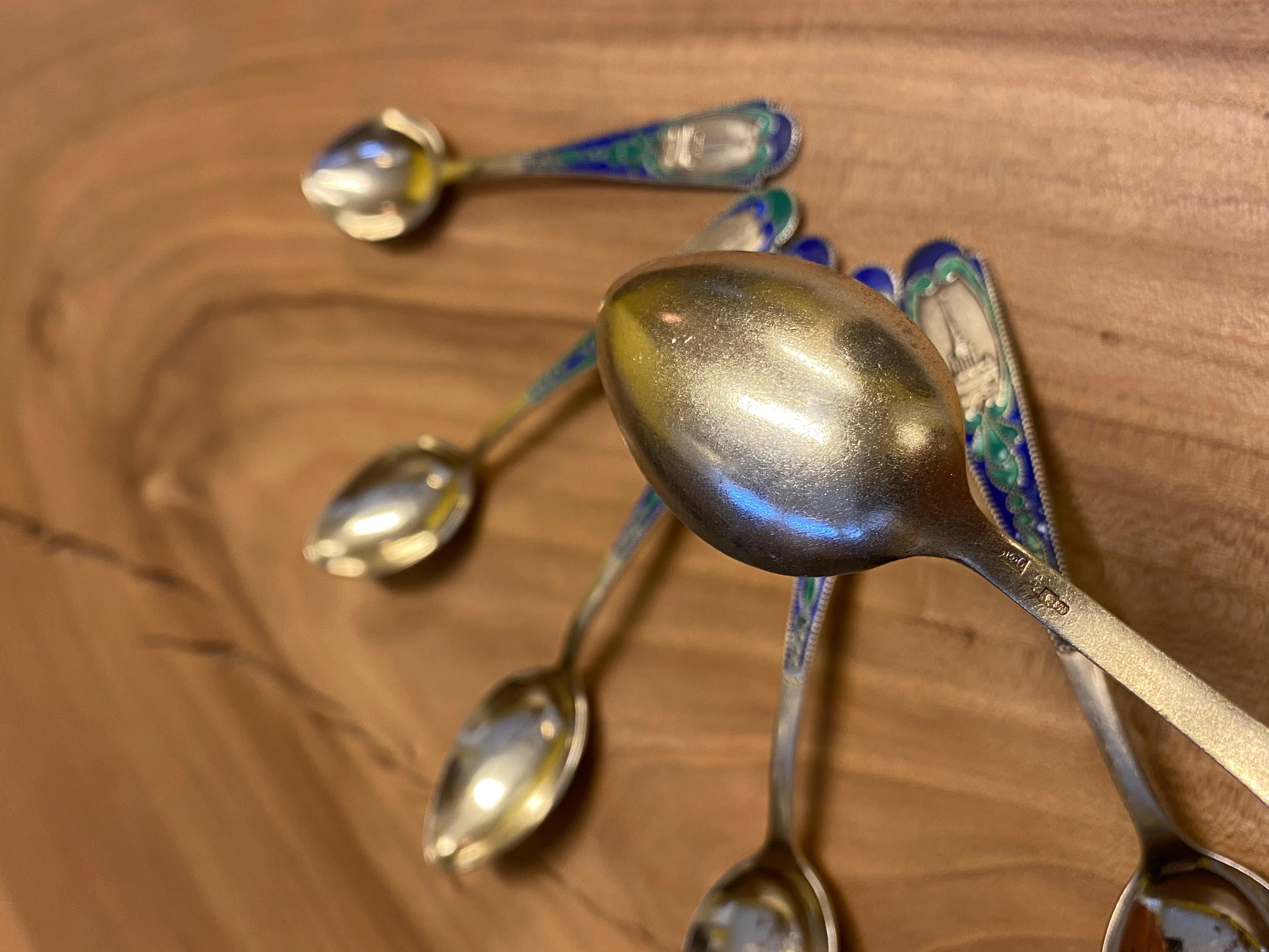 Women's or Men's Set of 6 Russian Enamel Spoons Fine and Rare Soviet Silver Spoons For Sale
