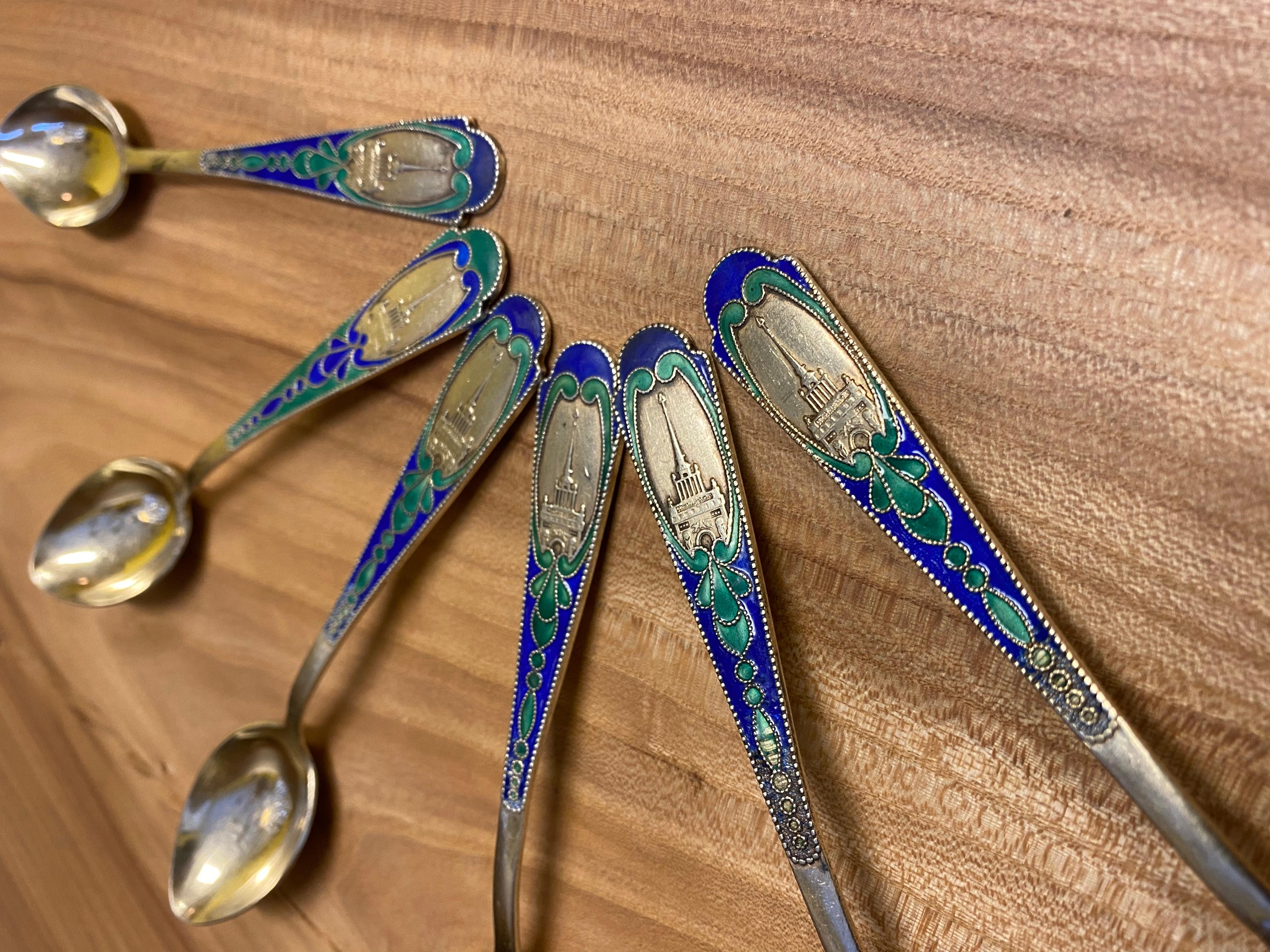 Set of 6 Russian Enamel Spoons Fine and Rare Soviet Silver Spoons For Sale 1