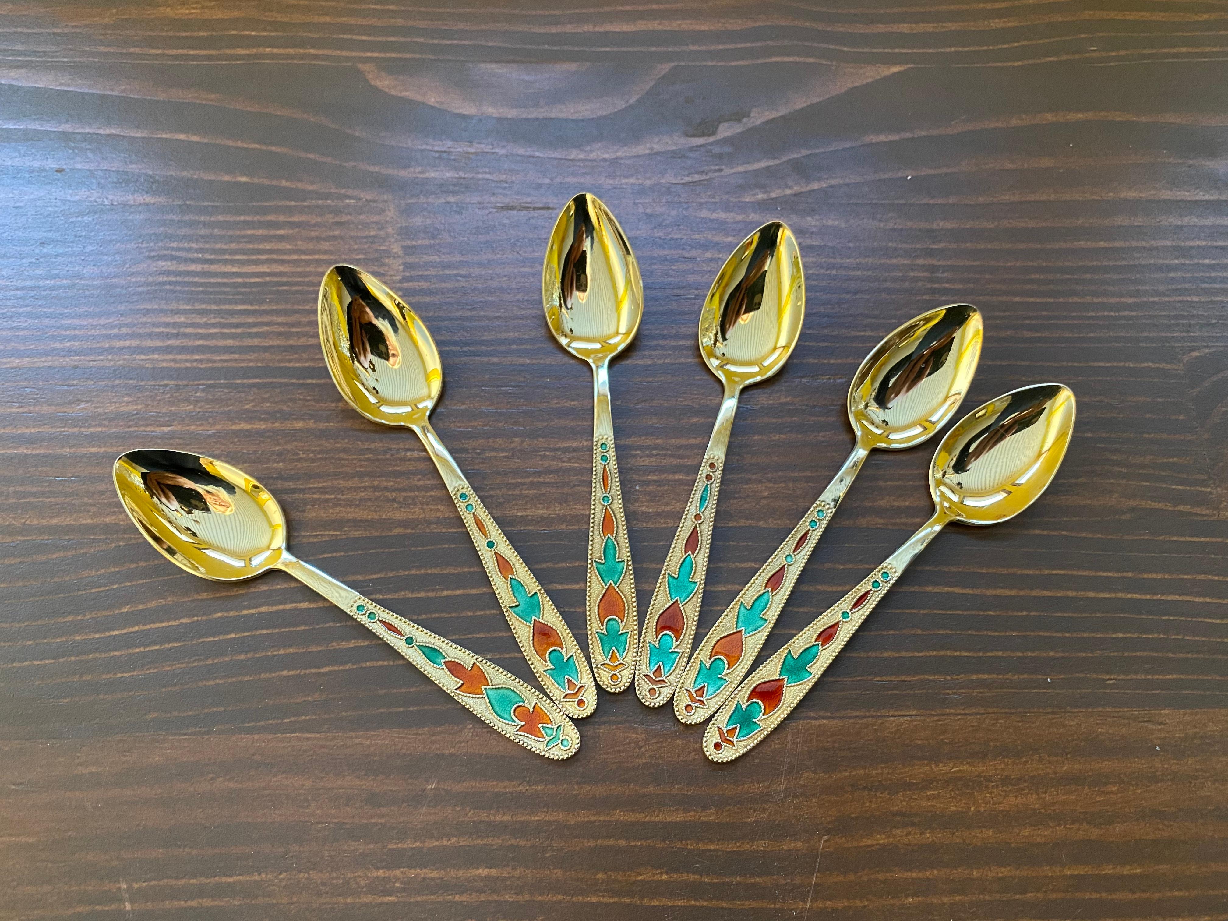 Women's or Men's Set of 6 Russian Enamel Spoons Fine and Rare Soviet Silver Spoons For Sale