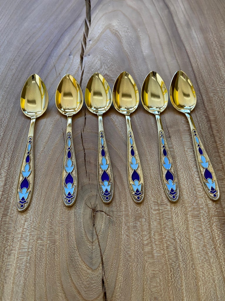 Set of 6 Russian Enamel Spoons Fine and Rare Soviet Silver Spoons For