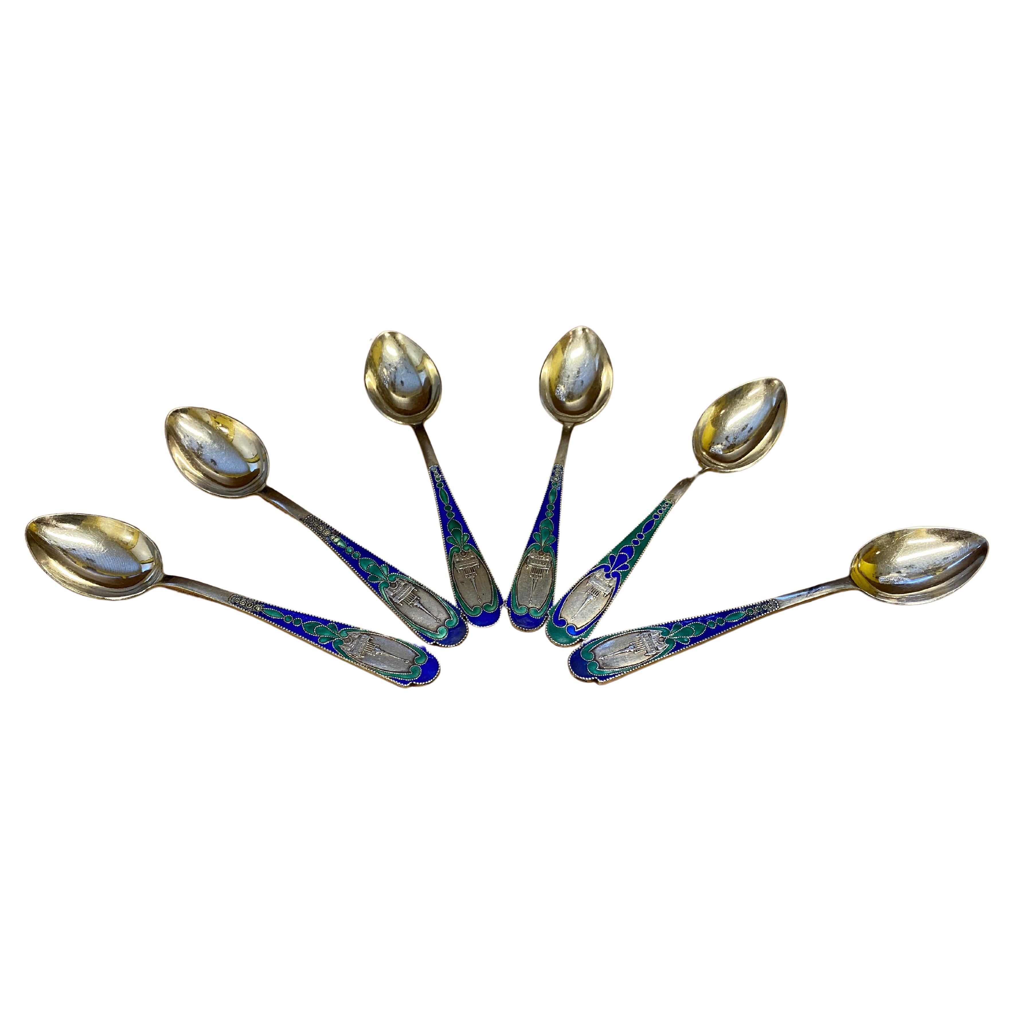 Set of 6 Russian Enamel Spoons Fine and Rare Soviet Silver Spoons For Sale