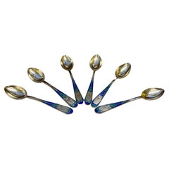 Used Set of 6 Russian Enamel Spoons Fine and Rare Soviet Silver Spoons