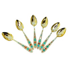 Vintage Set of 6 Russian Enamel Spoons Fine and Rare Soviet Silver Spoons