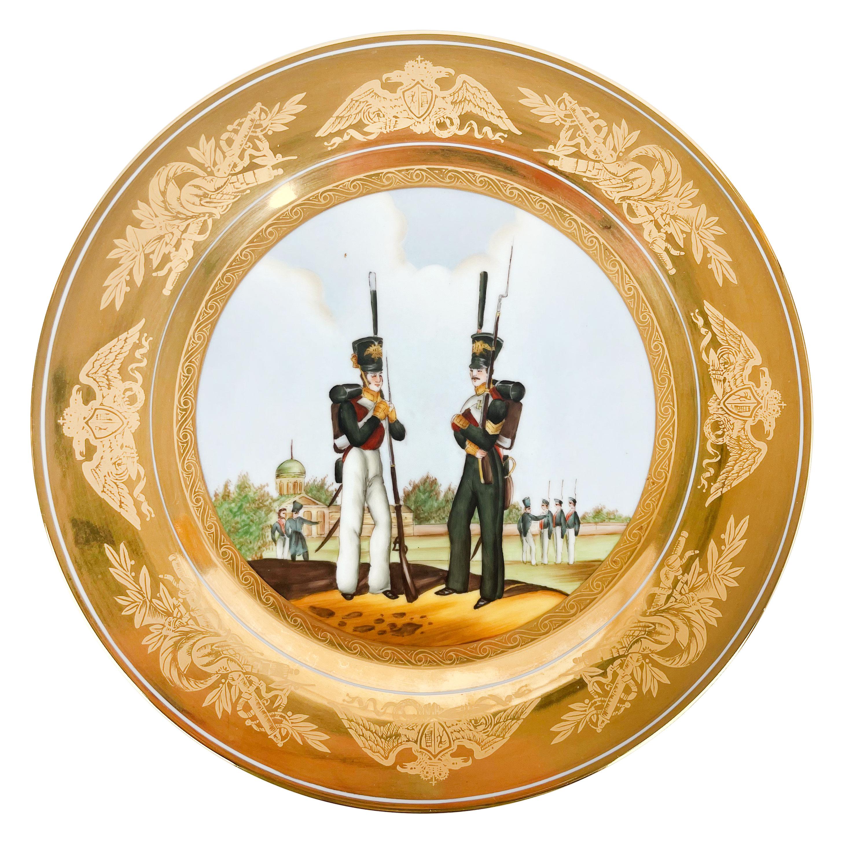 Set Of 6 Russian Hand-Painted Porcelain Military Plates, Circa 1900 In Good Condition For Sale In Pasadena, CA
