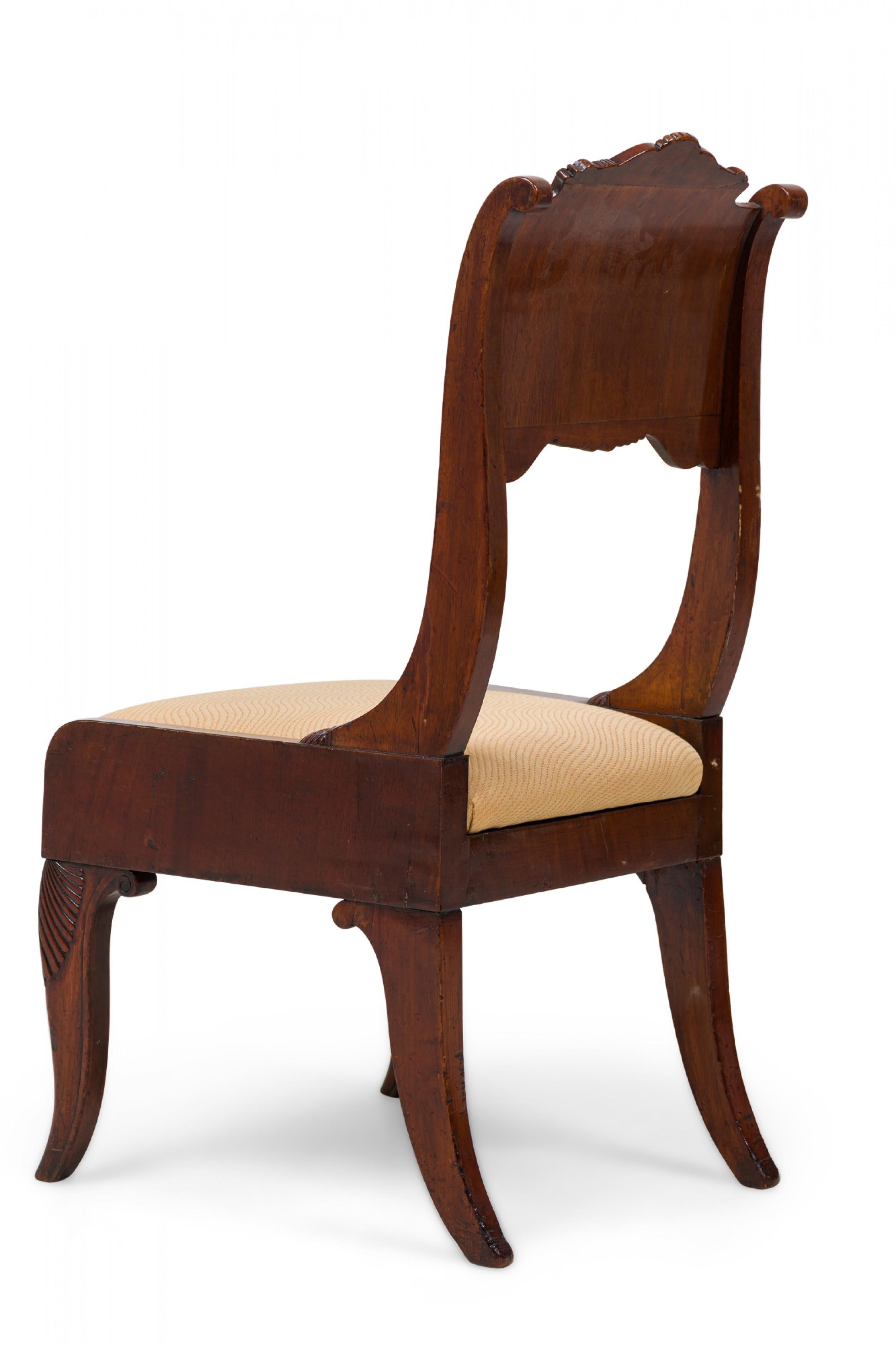 Carved Set of 6 Russian Neo-Classic Mahogany Upholstered Dining Chairs For Sale