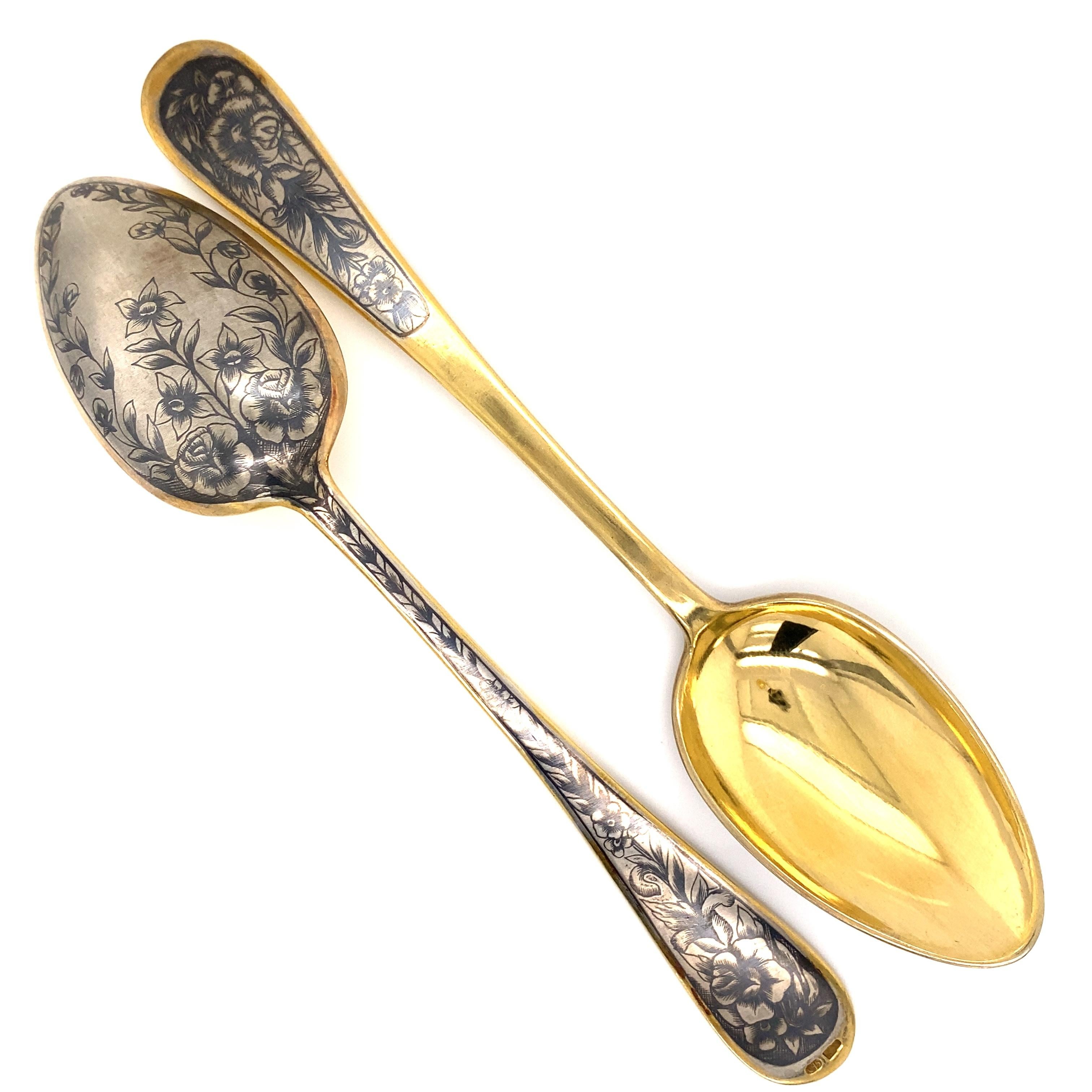 Beautiful Set of 6 Russian niello enamel gold plated 900 silver spoons. Each spoon measuring approx. 6.5” x 1.36”. Approx. Total weight: 266.50g. A perfect compliment to grace your tea party or table setting!.
 