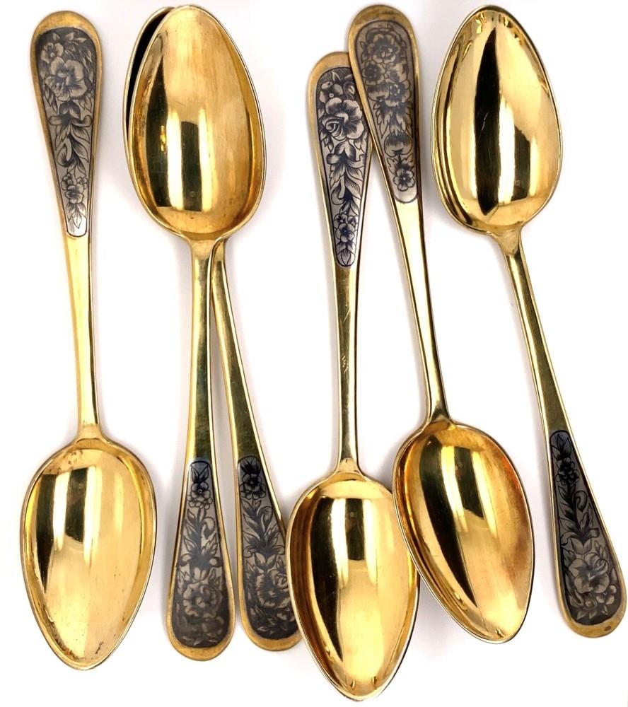 International Style Set of 6 Russian Niello Enamel Gilt 900 Silver Spoons For Sale