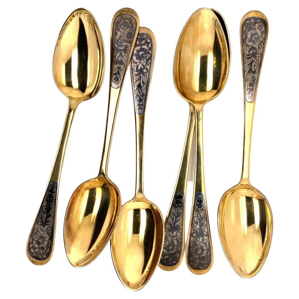 Set of 6 Russian Niello Enamel Gilt 900 Silver Spoons For Sale