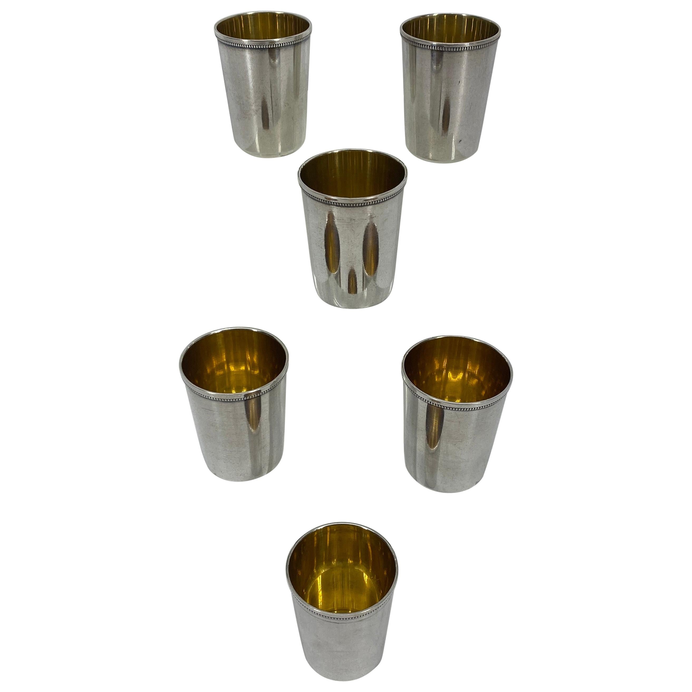 Set of 6 Russian Soviet-Era Vermeil Gilded Silver Vodka Cups or Beakers