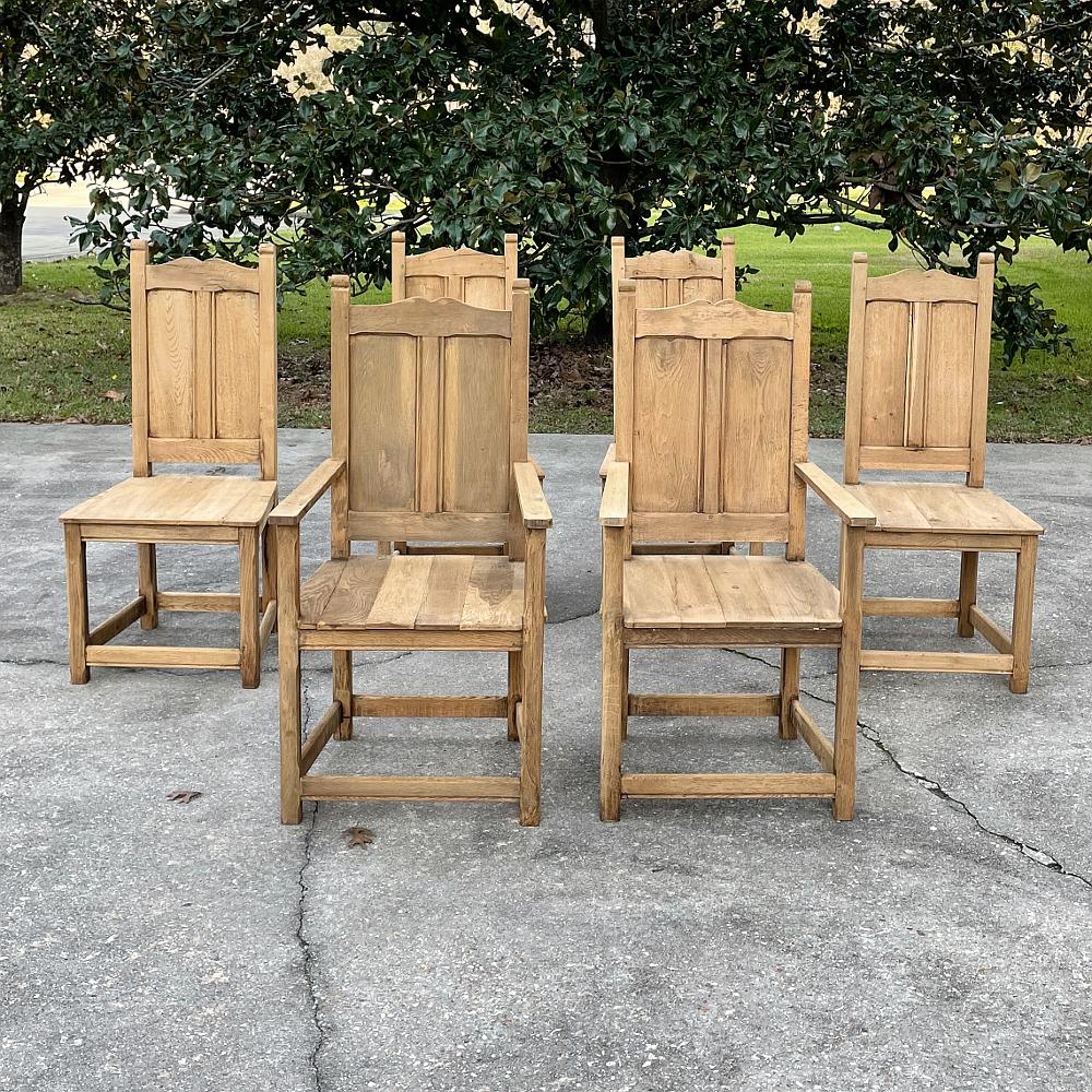 Hand-Crafted Set of 6 Rustic Antique Country French Dining Chairs Includes 2 Armchairs For Sale