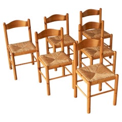 Set of 6 Rustic Chalet Chic Chairs in Pine and Rush 1970s