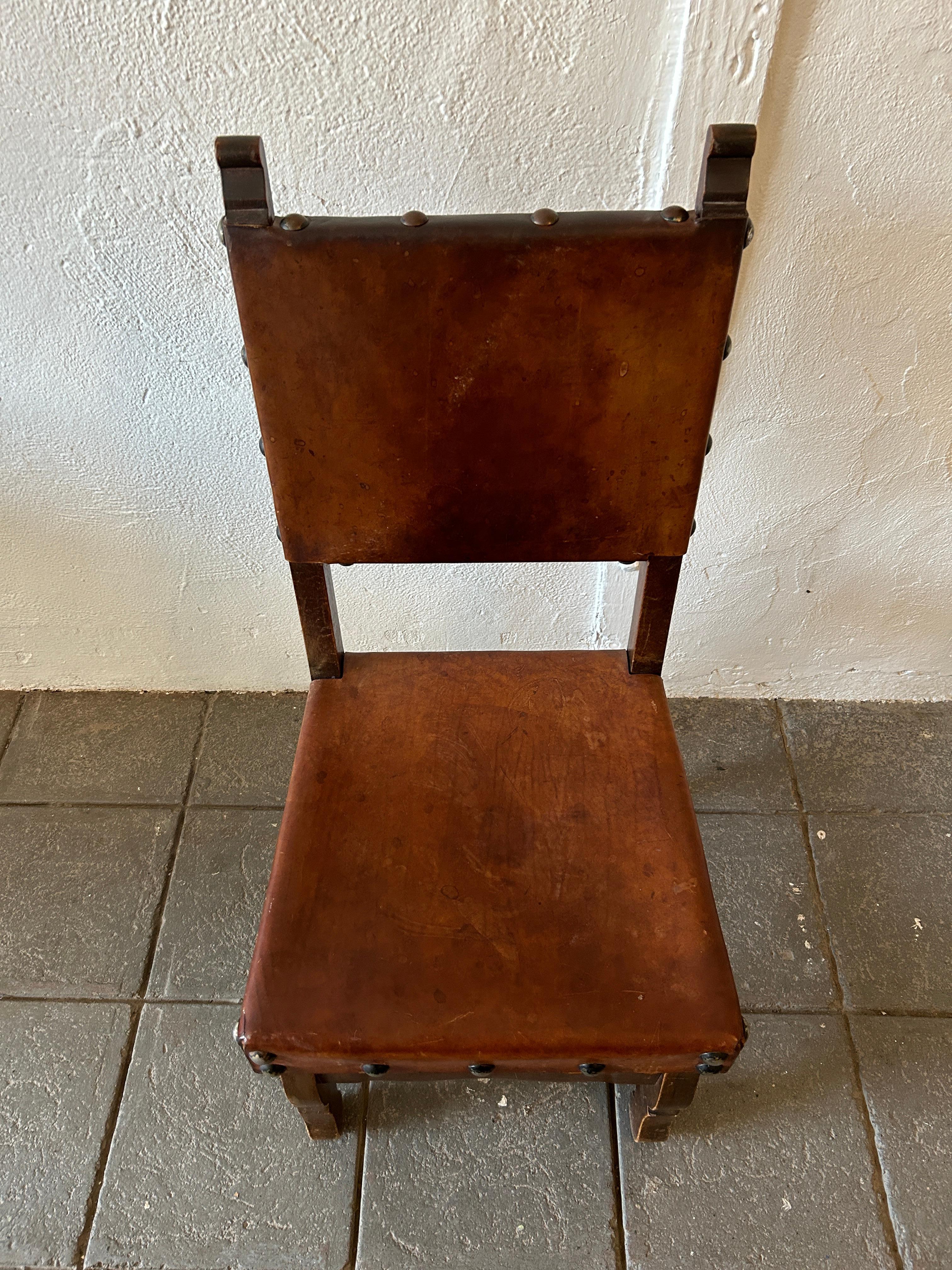 Brutalist Set of 6 rustic Spanish sling chairs leather & Elm great patina
