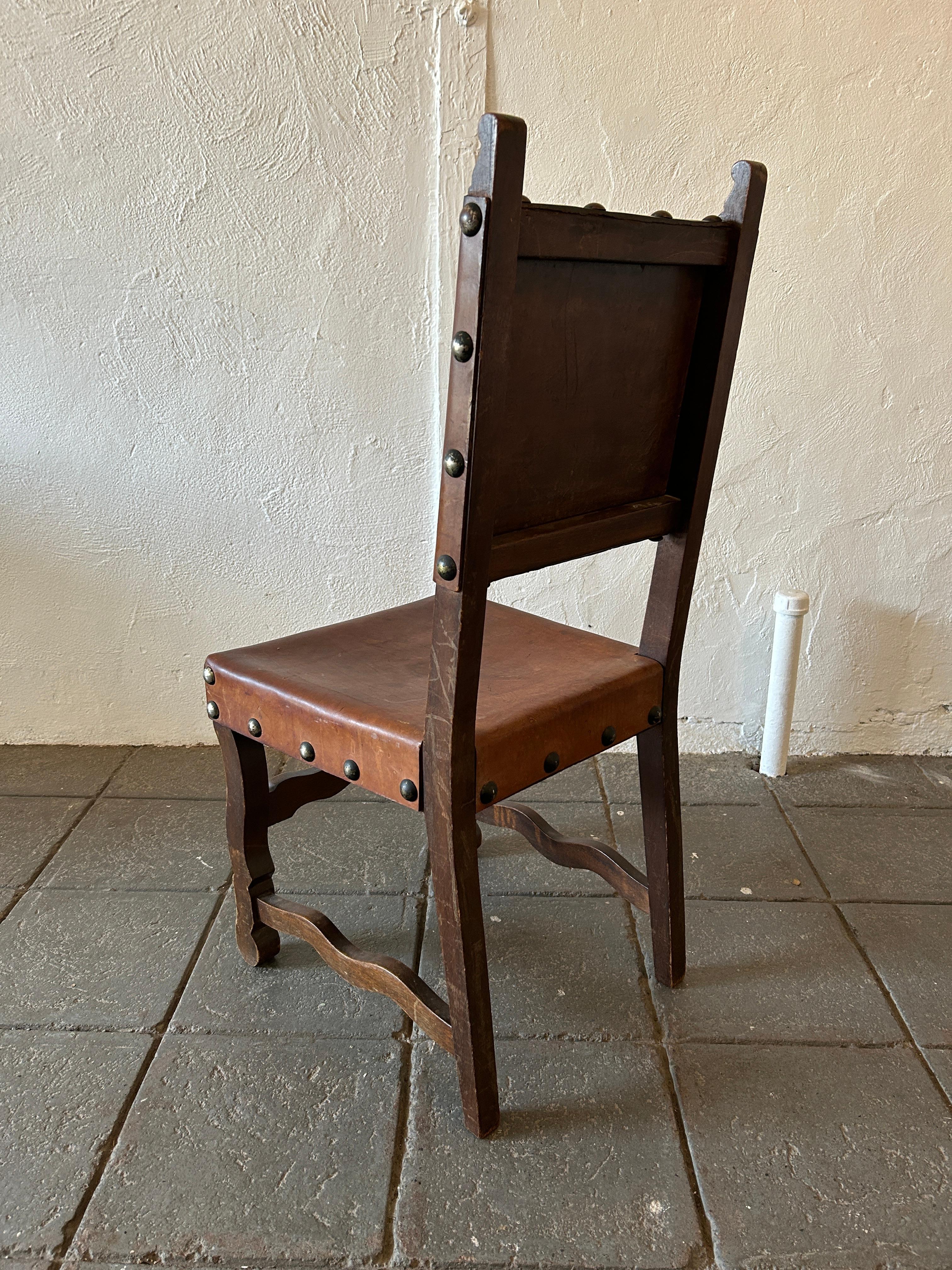 Woodwork Set of 6 rustic Spanish sling chairs leather & Elm great patina