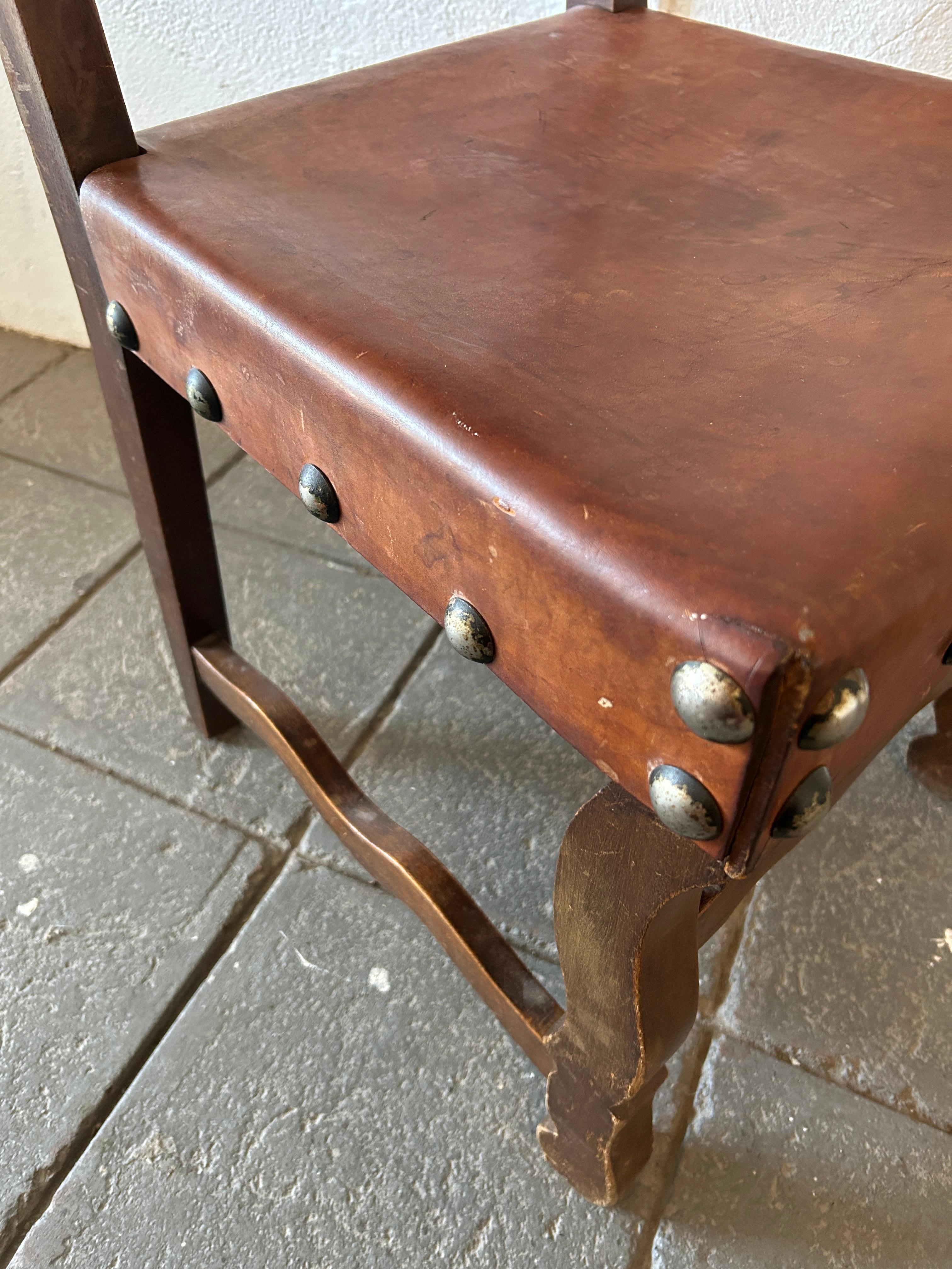 Mid-20th Century Set of 6 rustic Spanish sling chairs leather & Elm great patina
