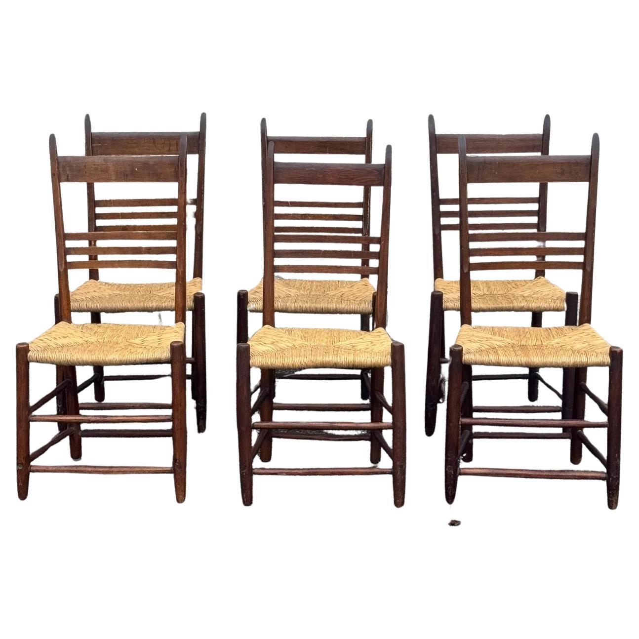Set of 6 Rustic Vintage Ladder Back and Rush Seat Dining Chairs