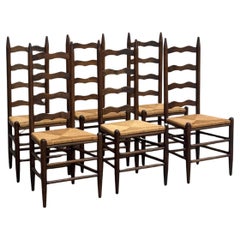 Set of 6 Rustic Vintage Walnut Ladder Back Rush Dining Chairs