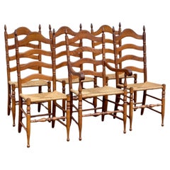 Set of 6 Rustic Vintage Walnut Ladder Back Rush Seat Dining Chairs