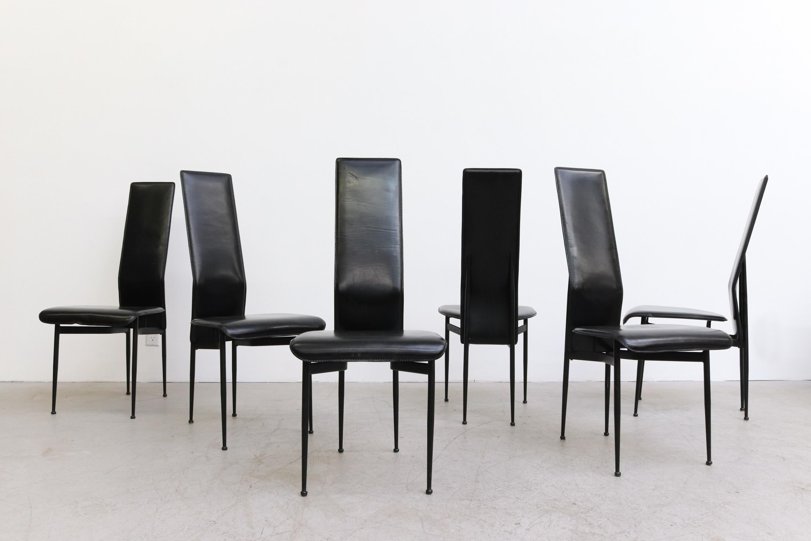 1980's Set of 6 'S44' Dining Chairs by Giancarlo Vegni & Gianfranco Gualtierotti for Fasem. High back, black leather with black frame. In original condition with visible wear, including some denting and scratching to leather. Wear is consistent with