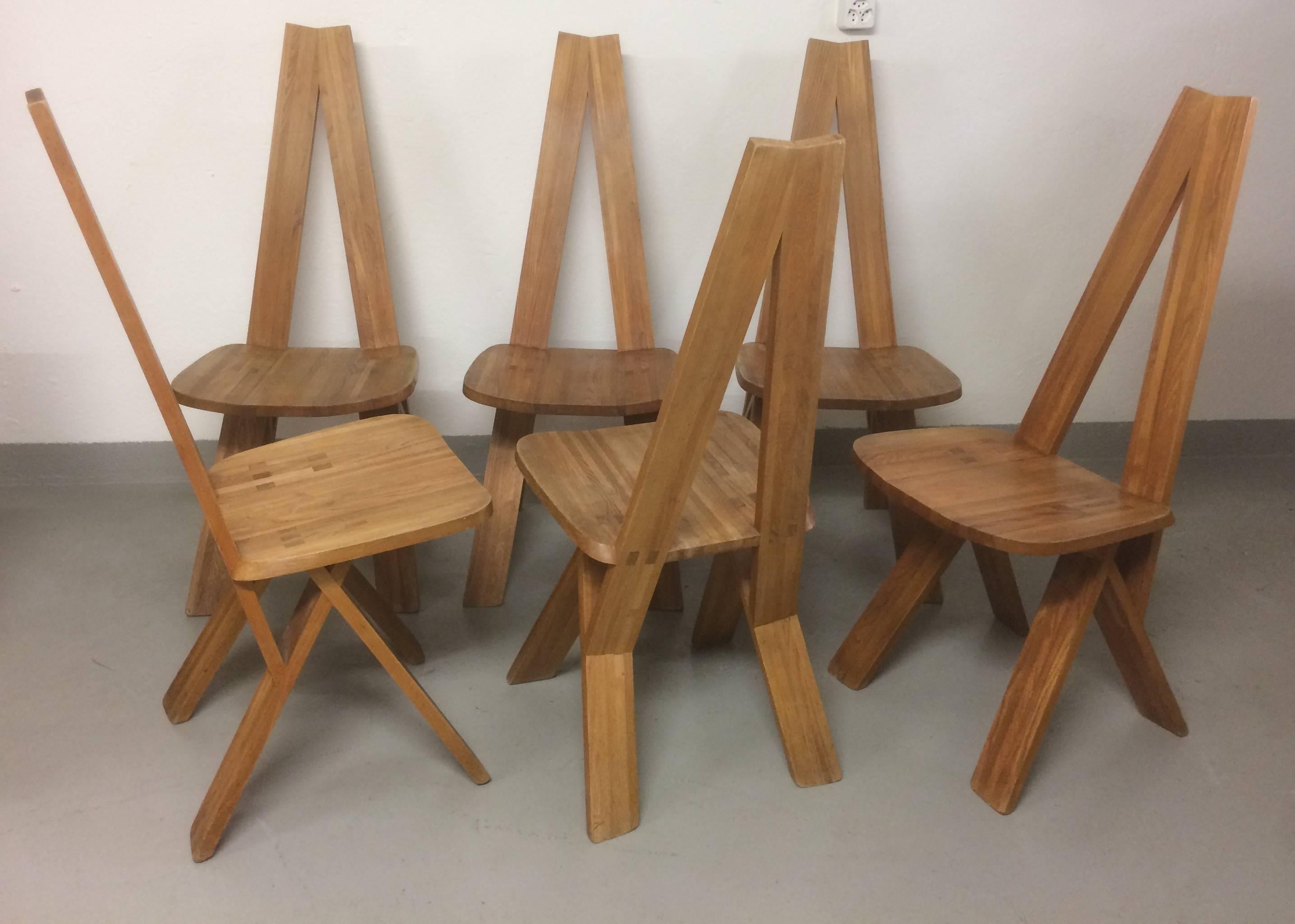 Set of 6 S45 dining chairs by Pierre Chapo
Solid elm.