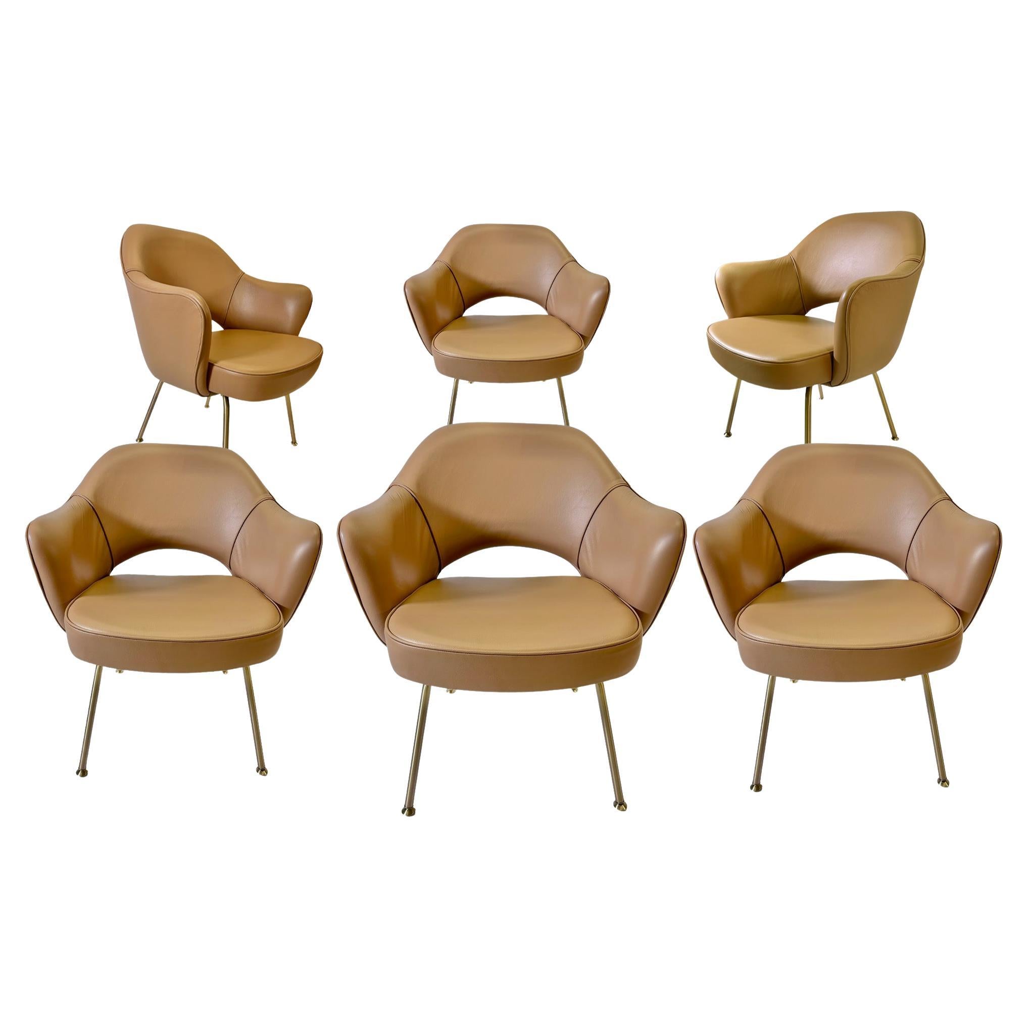Set of 6 Saarinen Executive Armchairs Tan Italian Leather with Gold Tubular Legs