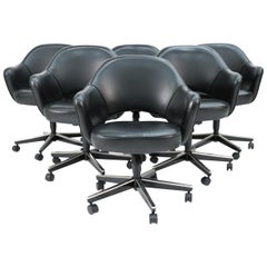 Set of 6 Saarinen for Knoll Executive Armchairs in Black Leather w/ Swivel Base