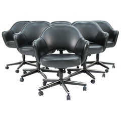 Used Set of 6 Saarinen for Knoll Executive Armchairs in Black Leather W/ Swivel Base