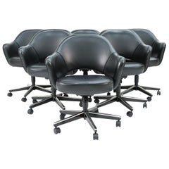 Set of 6 Saarinen for Knoll Executive Armchairs in Black Leather W/ Swivel Base