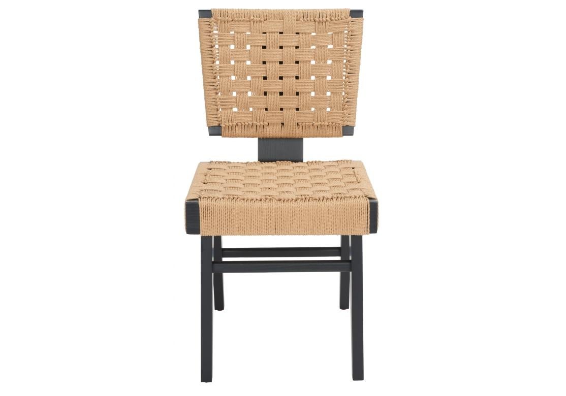 Set of 6 Safavieh woven armless dining chairs with natural basketweave design against contrasting dark stained wood frames. The chairs with straight legs and cross stretcher supports.

Dimensions: 18 3/4