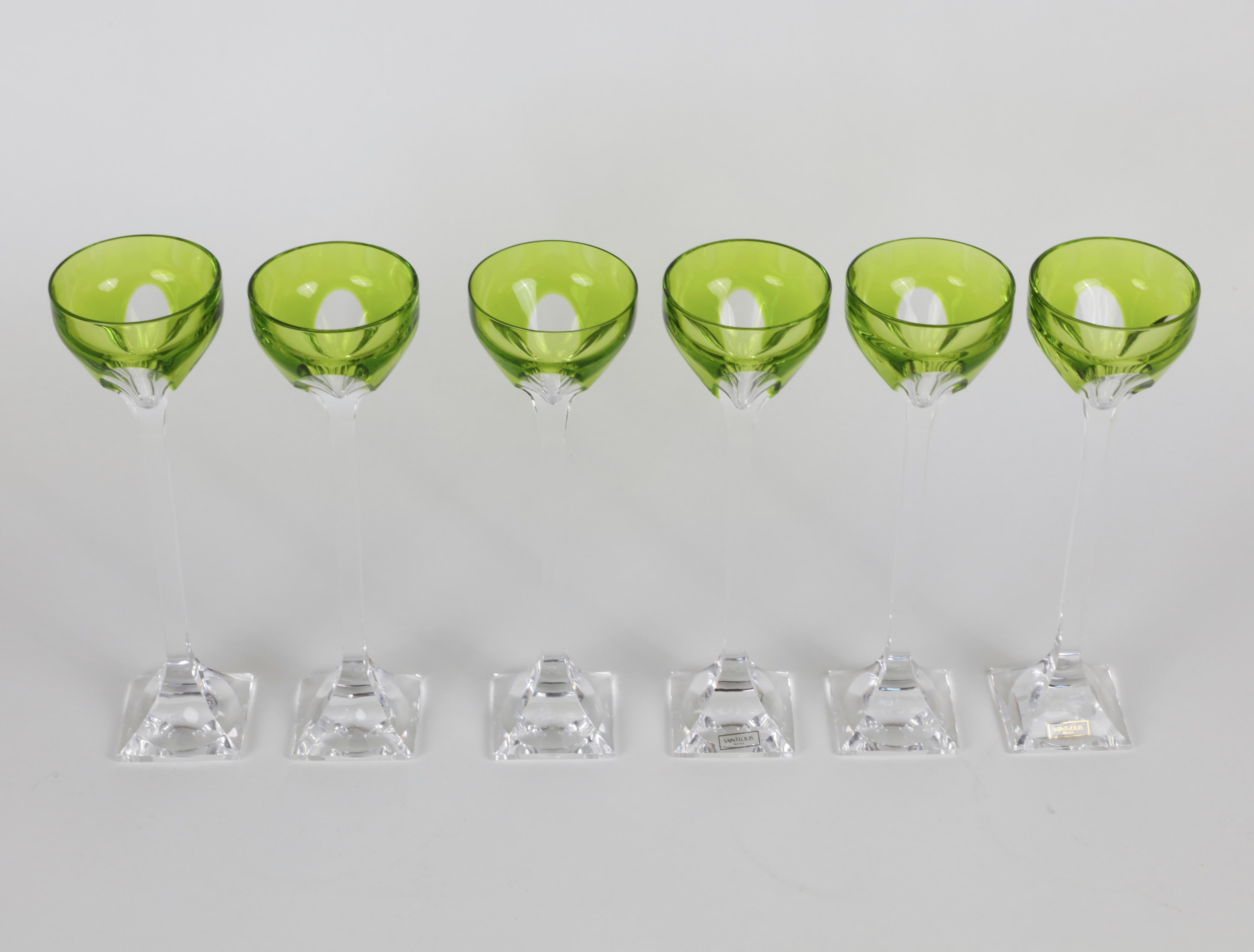French Set of 6 Saint Louis Lime Green Glasses