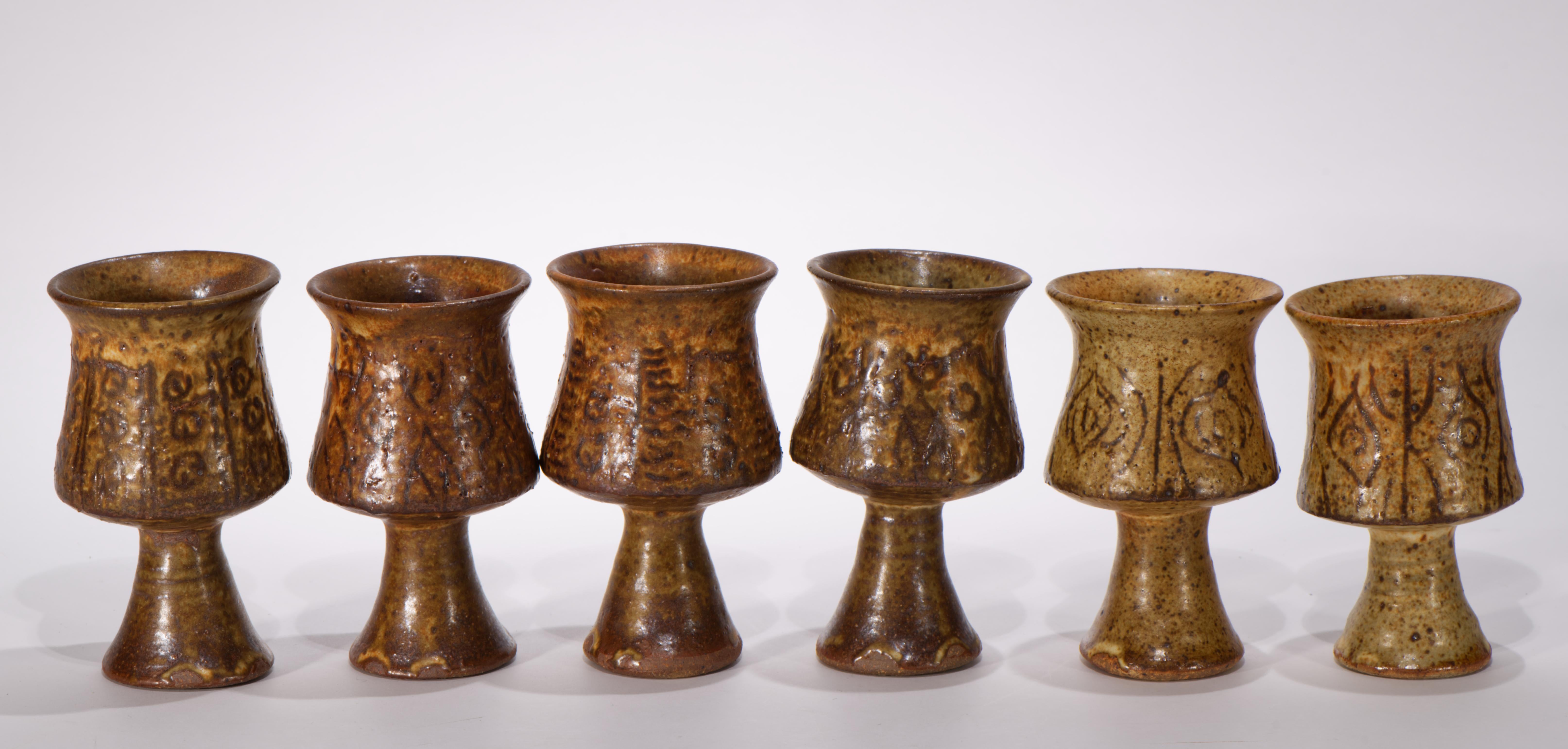 Ensemble de 6 verres à pied en émail salé, poterie d'art américaine Studio Pottery 1970 en vente 3